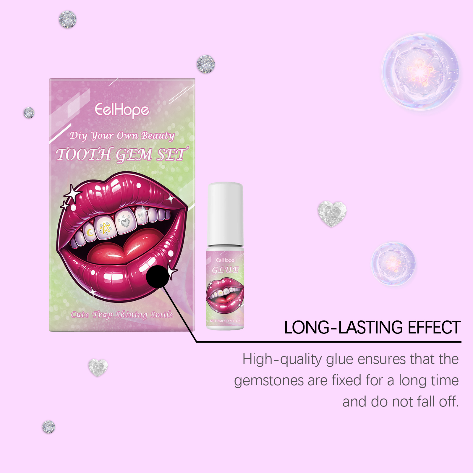 Tooth gem adhesive bottle with pink beauty packaging