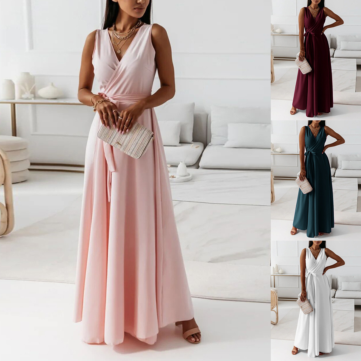 V-neck long maxi dress – pink
