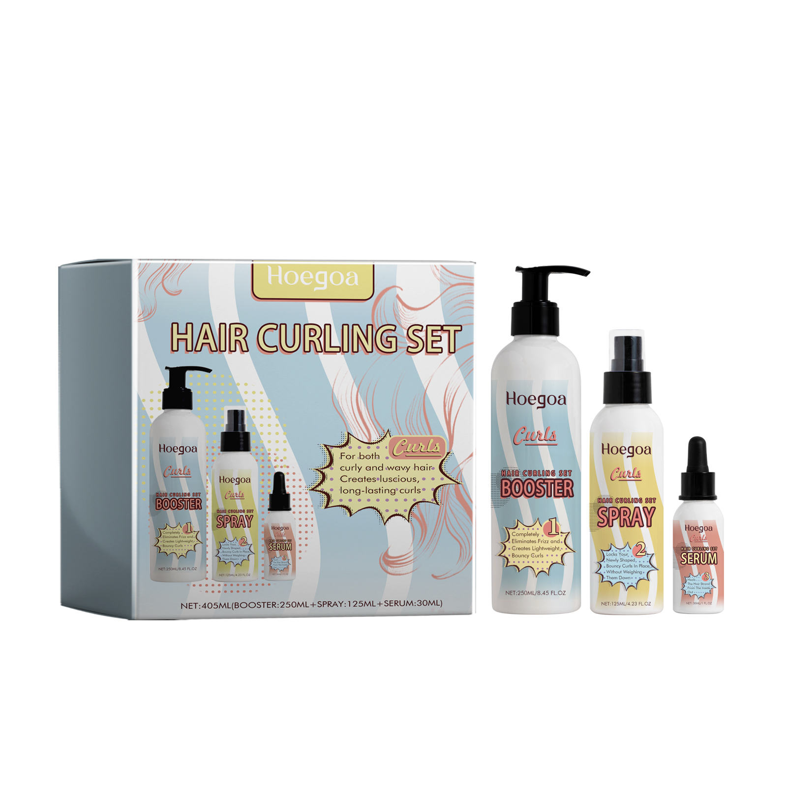 Pastel booster spray and serum bottles arranged together