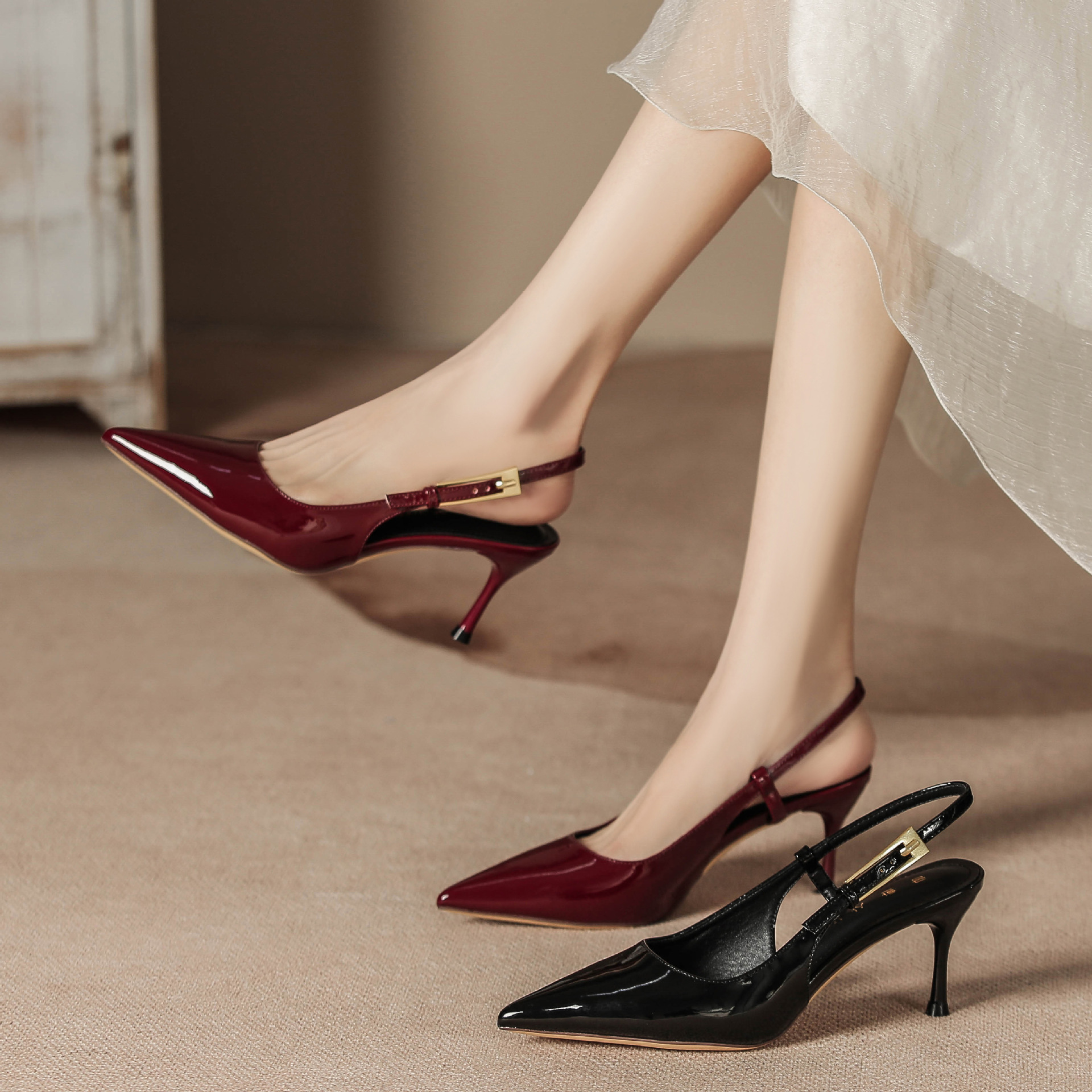 Women's High Heel Pointed Toe Stiletto Ankle Strap Pumps, Sexy Ladylike Red Patent Leather Open-Toe Shoes image 6