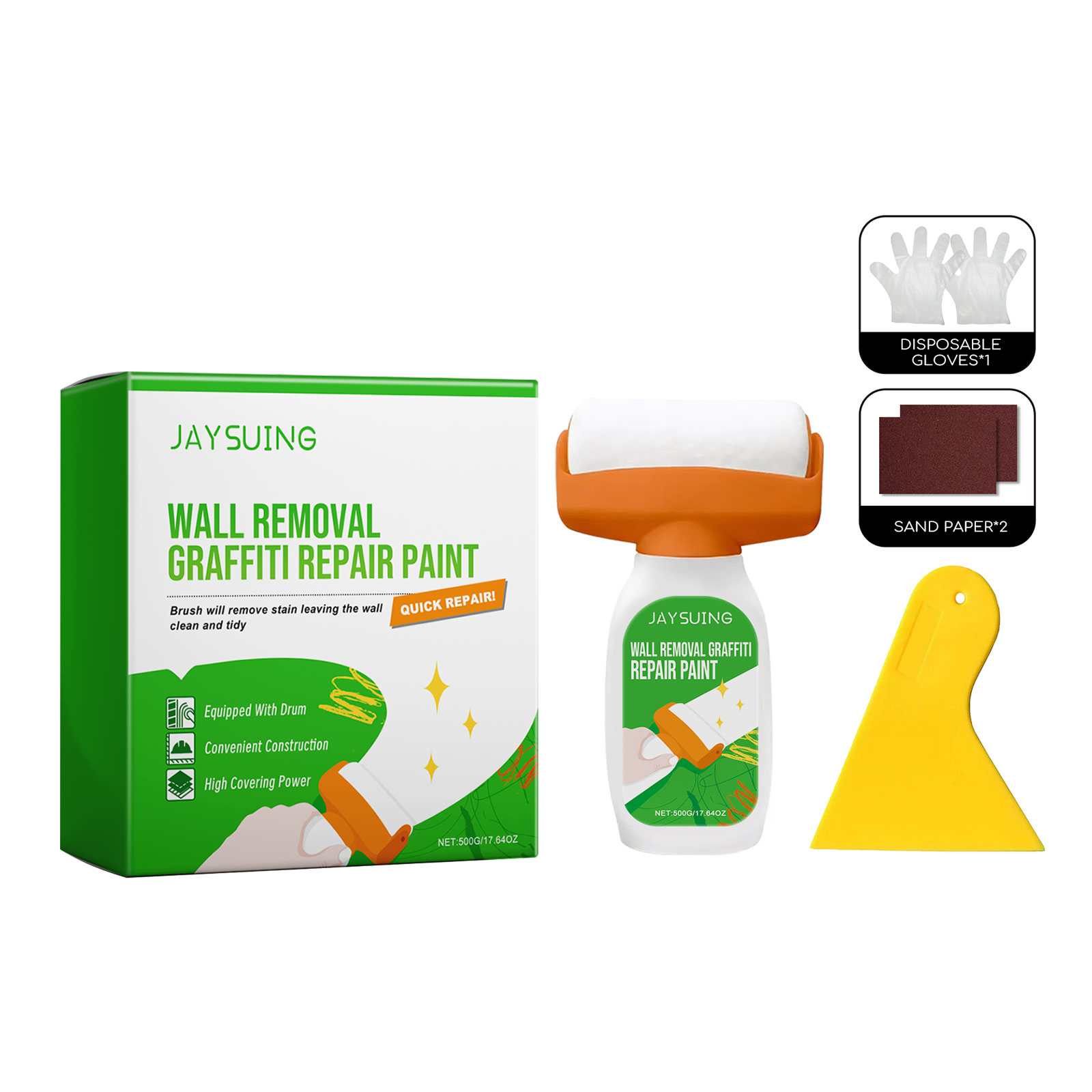 White repair paint bottle with orange and white roller head