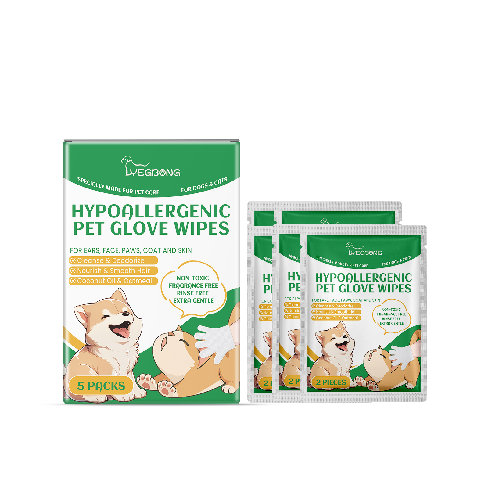 Individual green and white pet wipe sachets