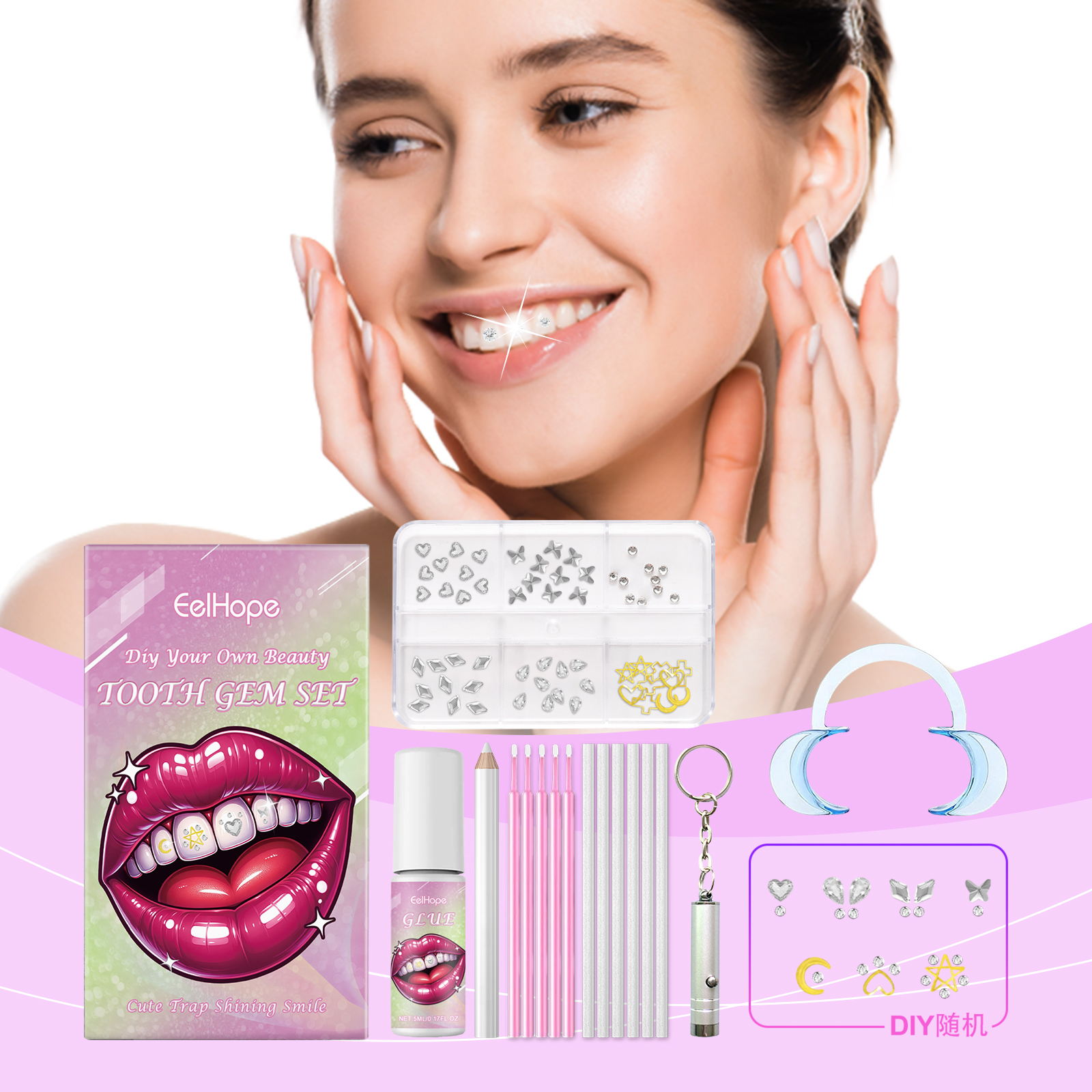 Woman smiling with tooth gem beside styling kit