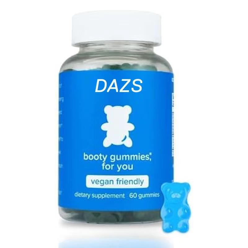 DAZS Booty Gummies bottle on white, showing full label and white childproof cap
