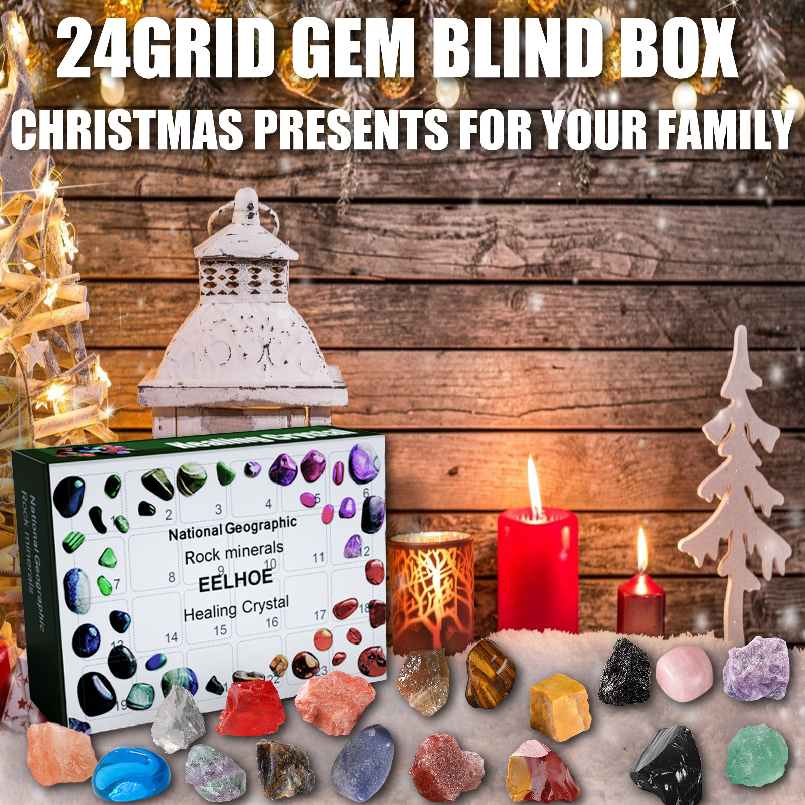 Colorful mineral pieces arranged in festive display