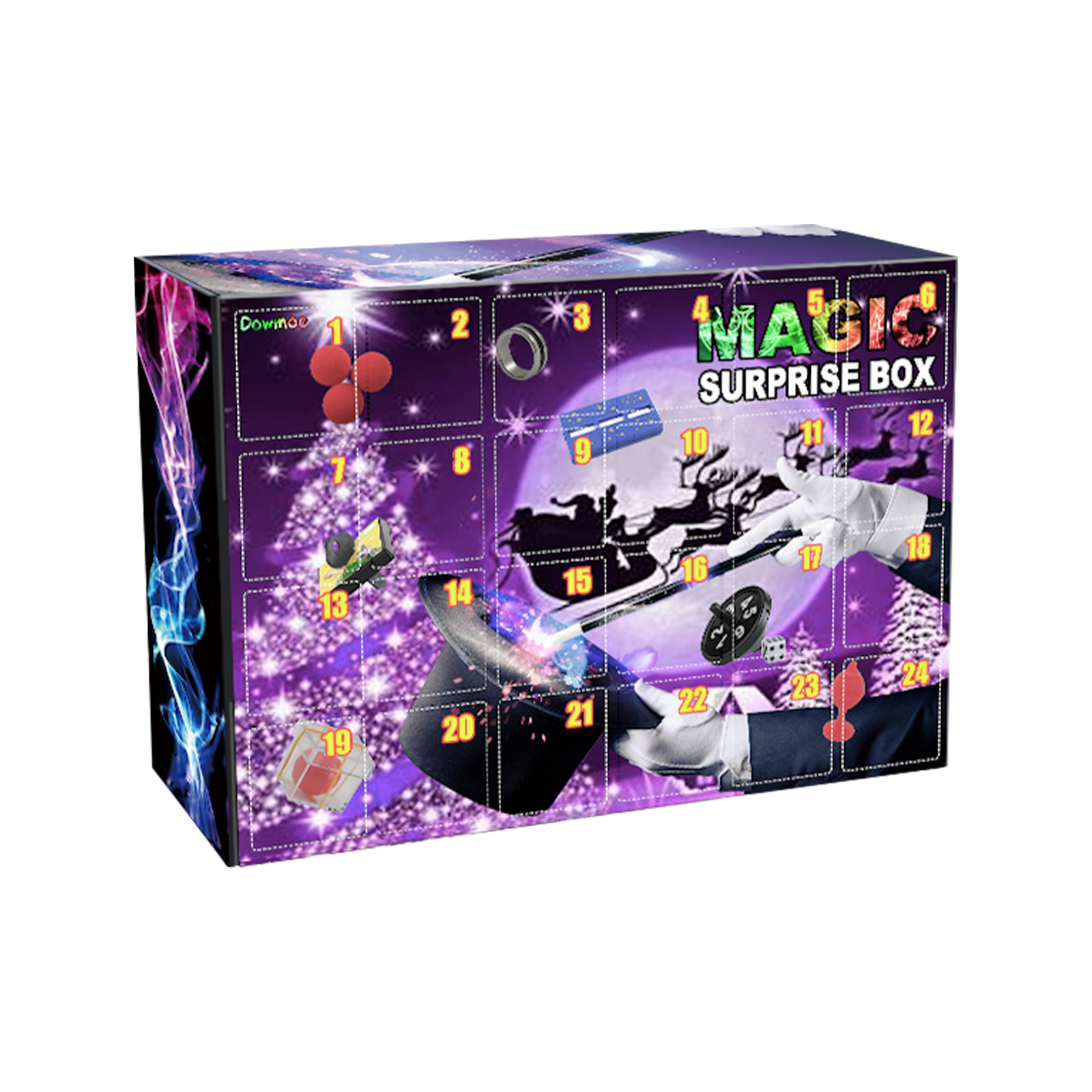 Purple Christmas box with 24 numbered perforated doors