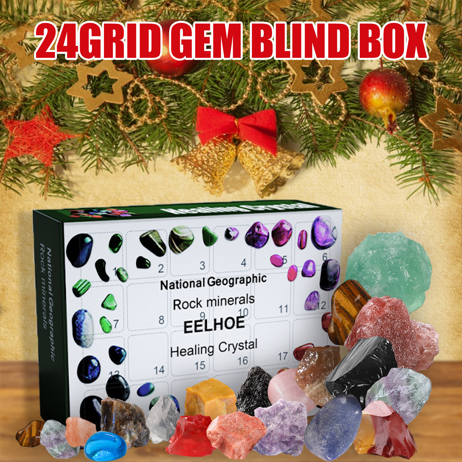 Illustrated box surrounded by colorful mineral specimens