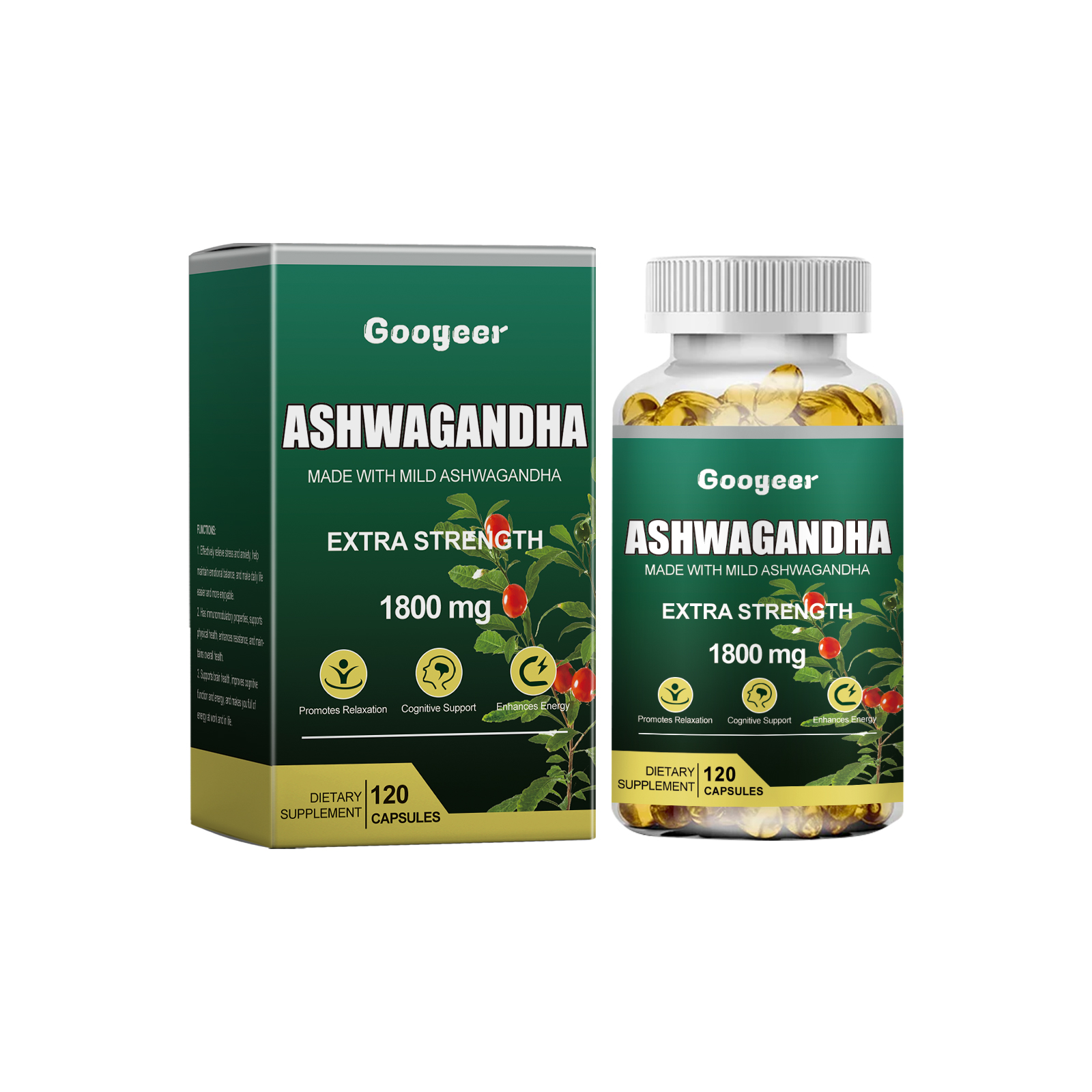 Googeer Ashwagandha Extra Strength 1800mg bottle and box side by side on white background