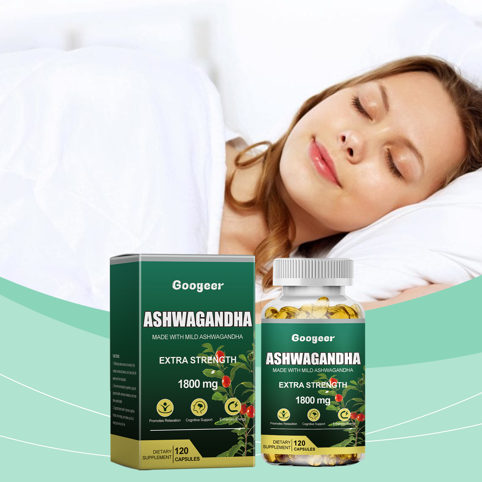Woman sleeping peacefully on white pillows with ethereal green wave design, product bottle beside her