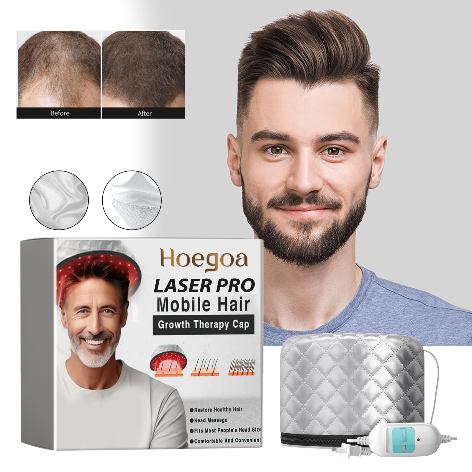 Man considering hair thinning during a home scalp care routine