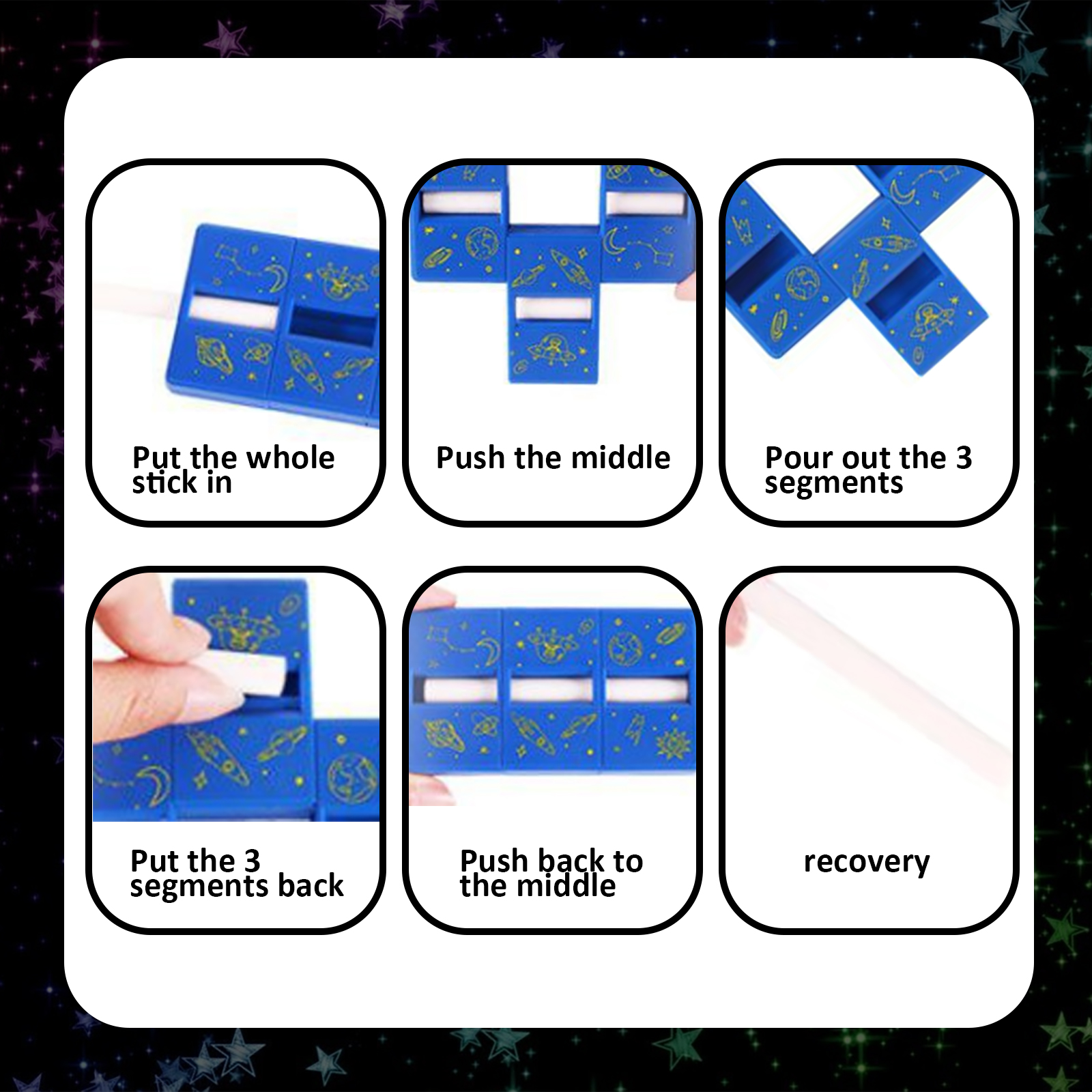 Blue segmented magic prop shown in illustrated instruction sequence