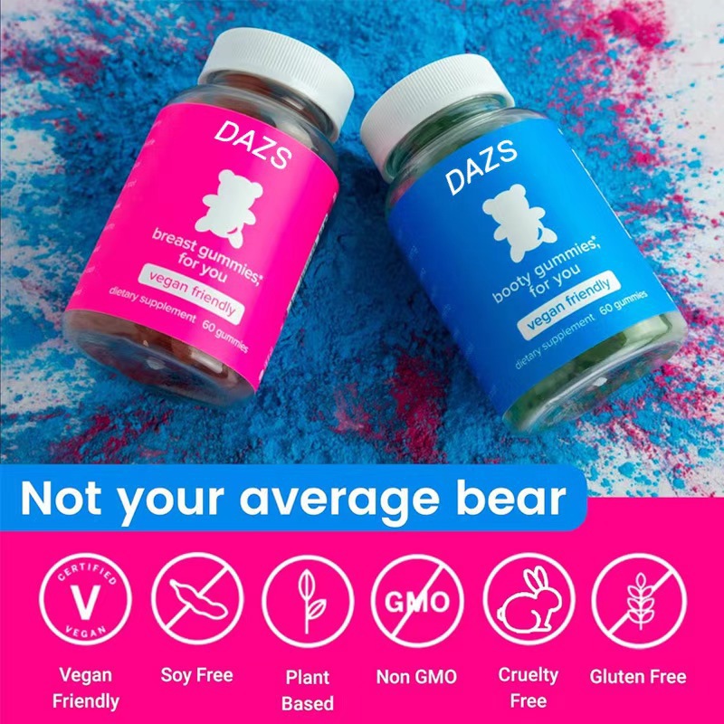 DAZS Breast and Booty Gummies side by side, six vegan certifications displayed