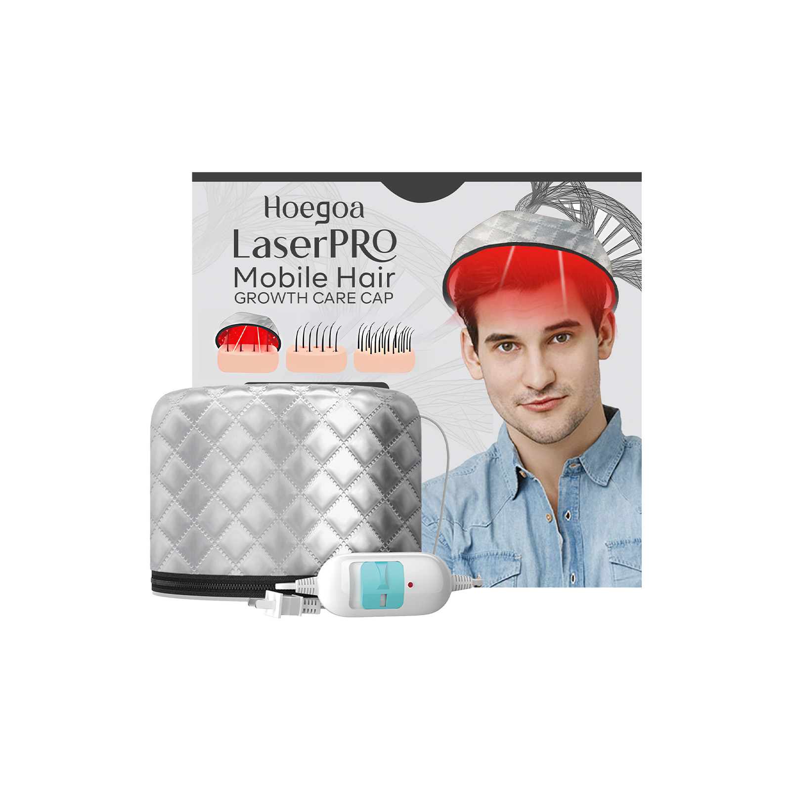LaserPRO cap packaging beside silver quilted cap