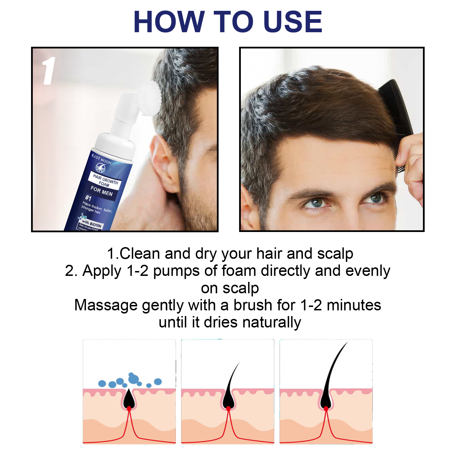 Navy East Moon label showing biotin hair foam