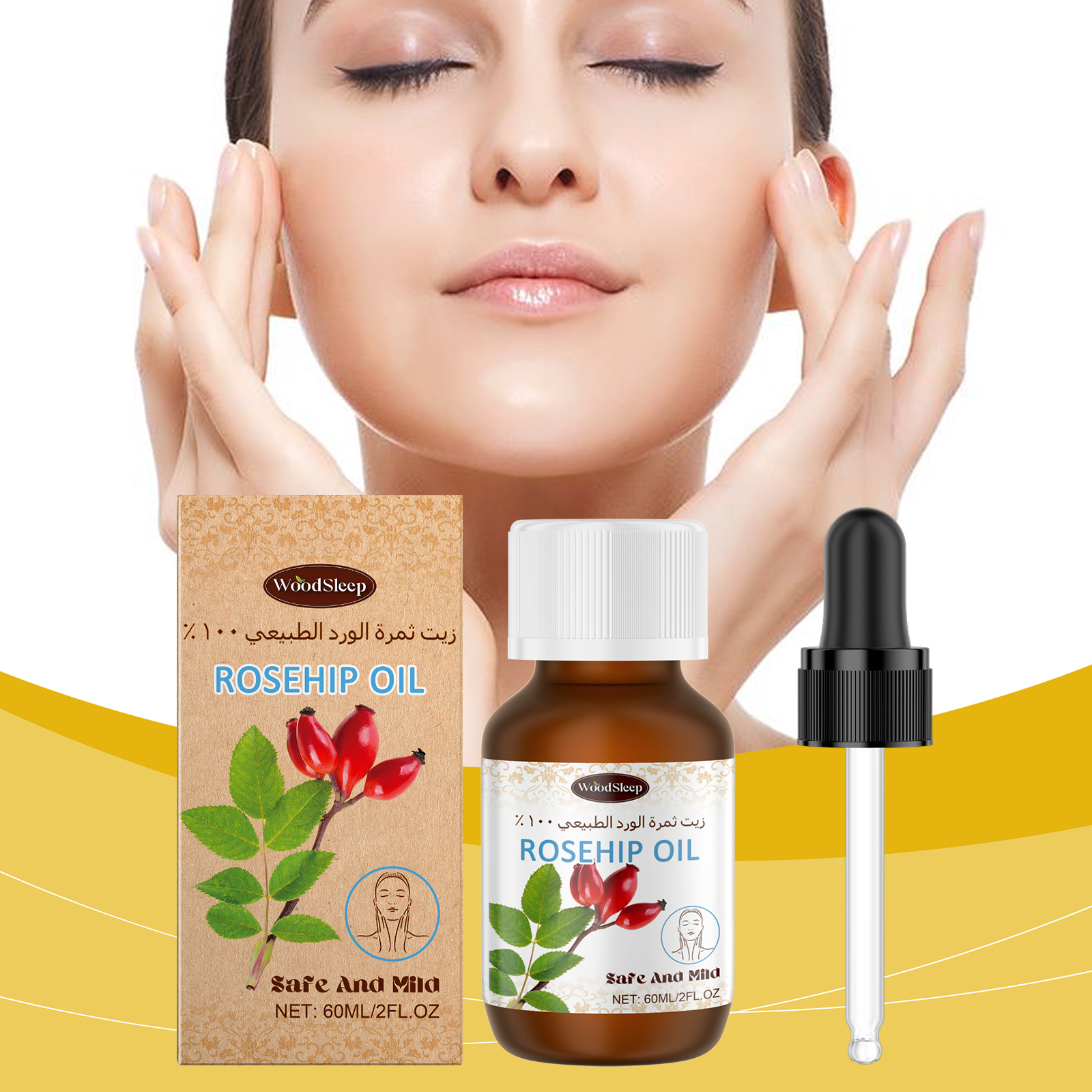 Dropper oil bottle used beside a woman's face