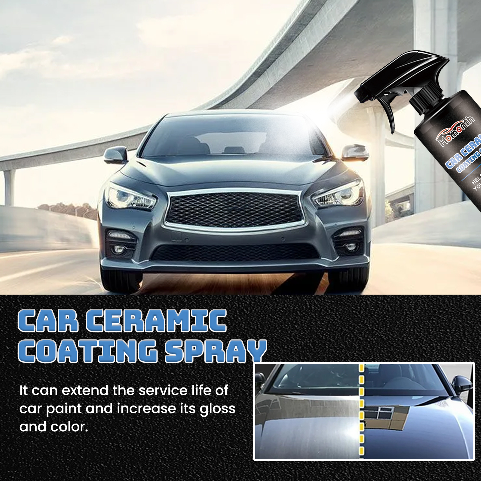 Ceramic coating spray applied across a glossy car panel