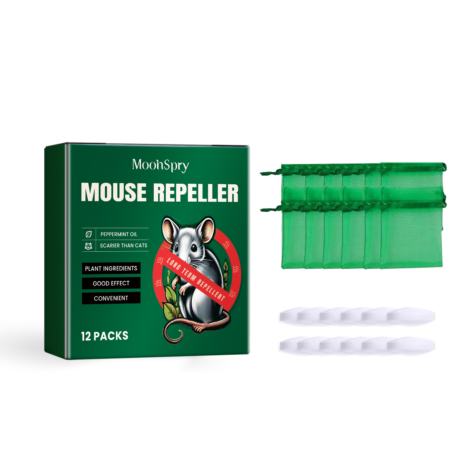 White repellent tablets beside green mesh sachets
