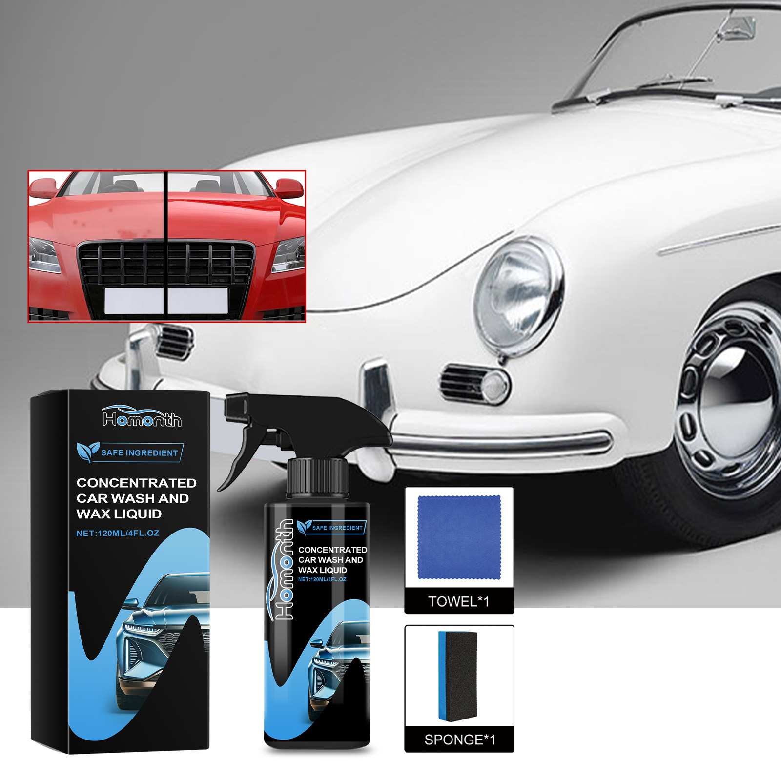 Compact car cleaning kit beside parked vehicle