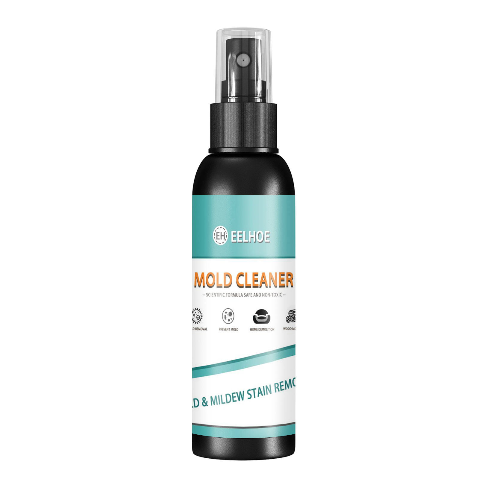 Front view of black mildew cleaner spray bottle