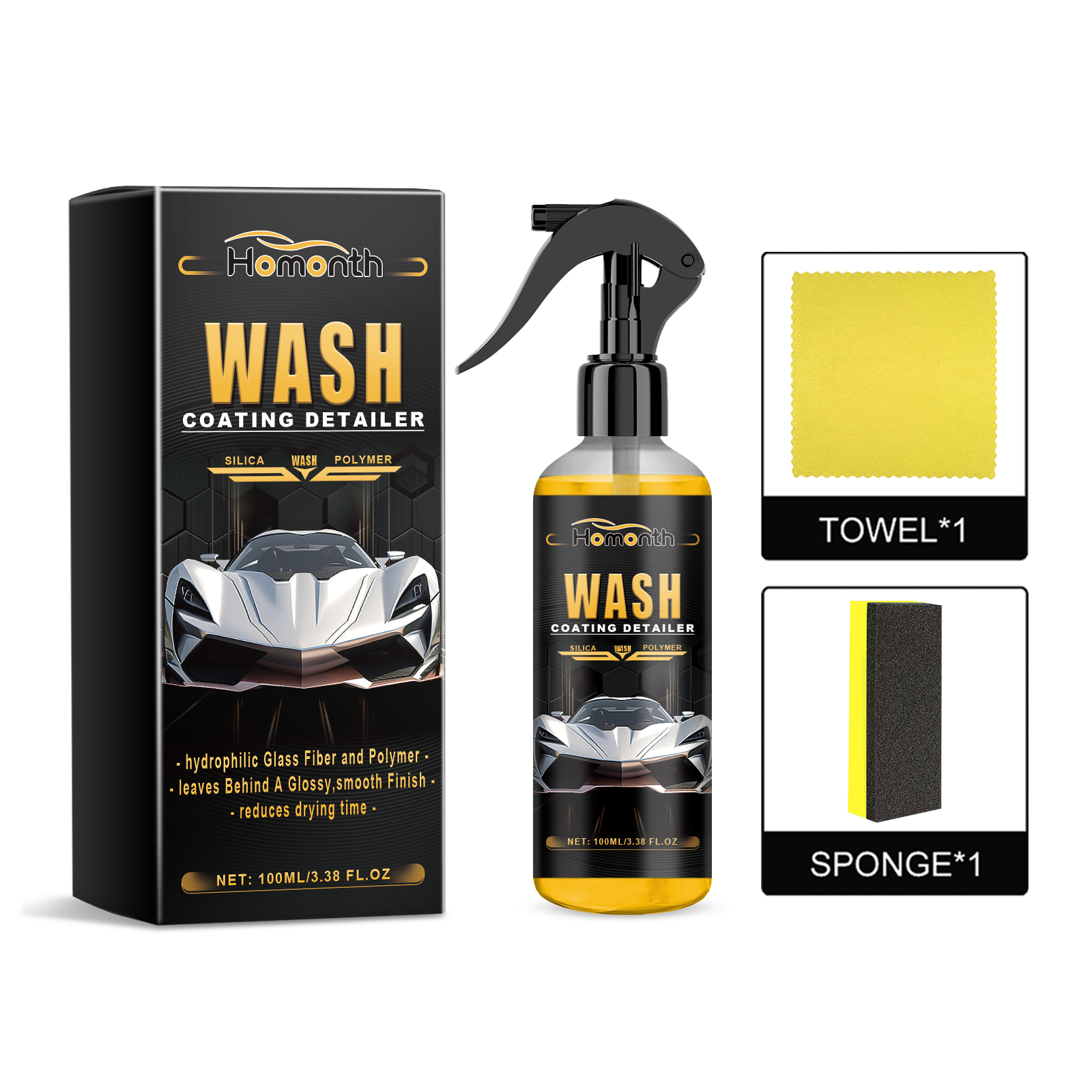 Automotive detailer bottle with sponge and microfiber towel
