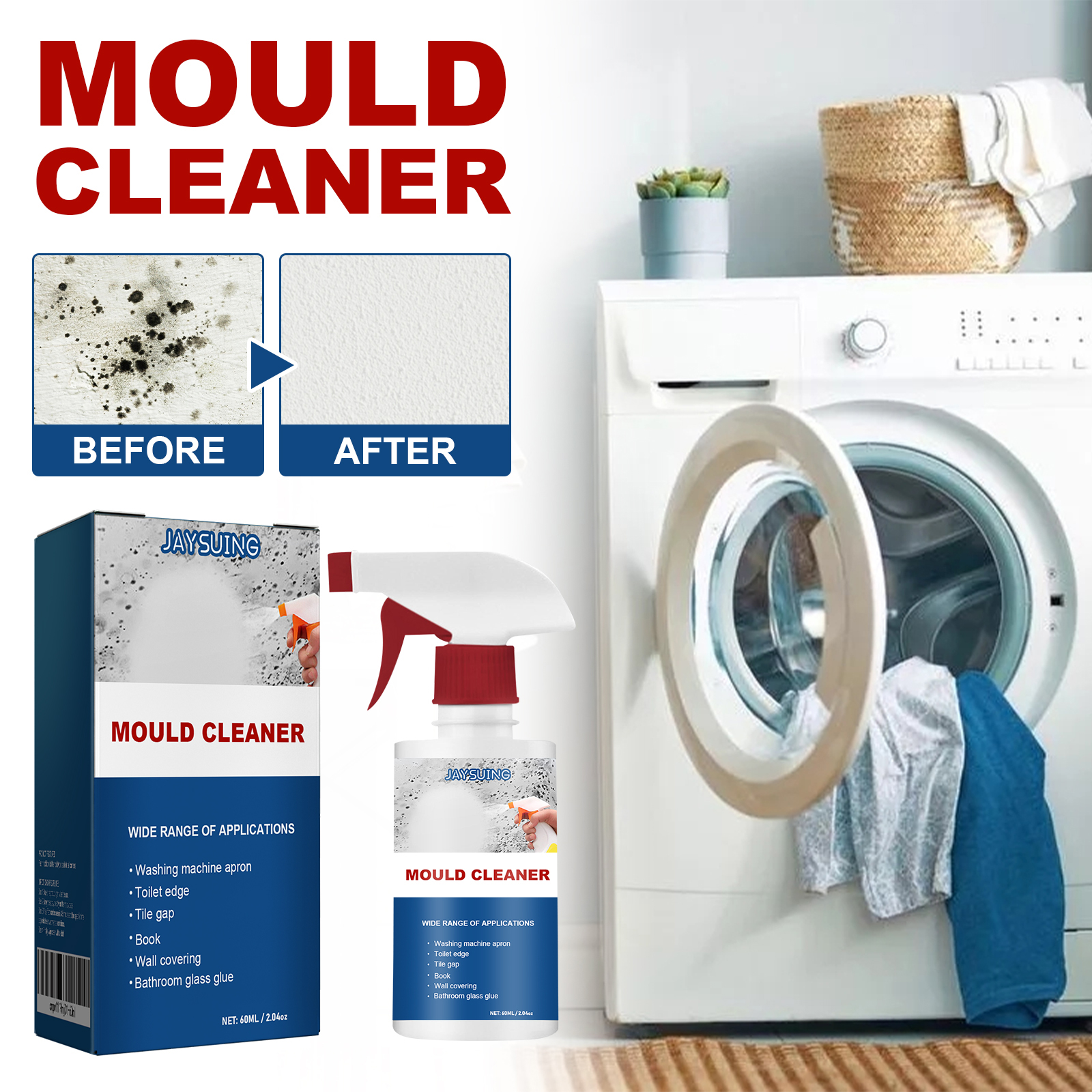 Mold cleaner beside washing machine before after