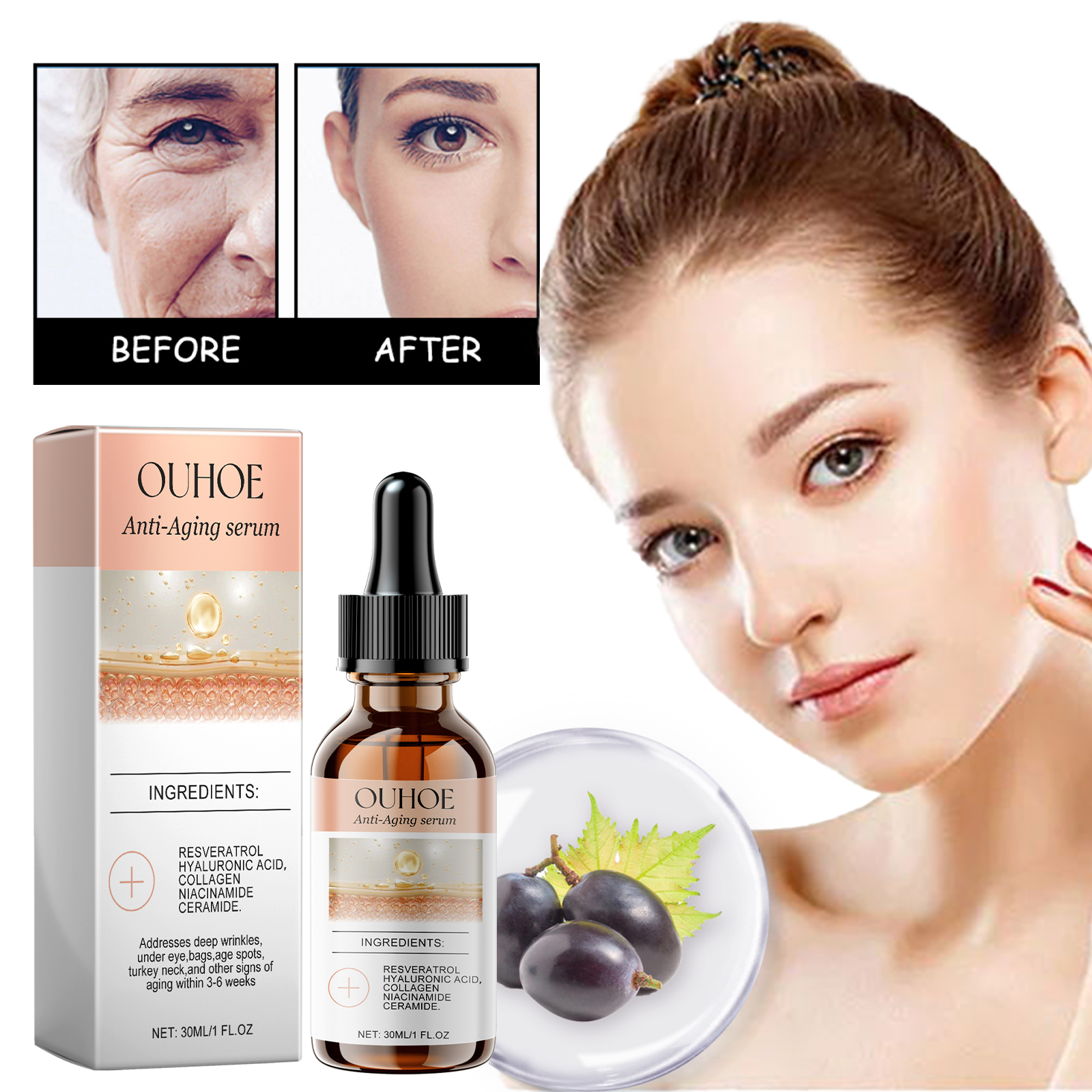 Anti-aging serum bottle shown with facial skincare imagery