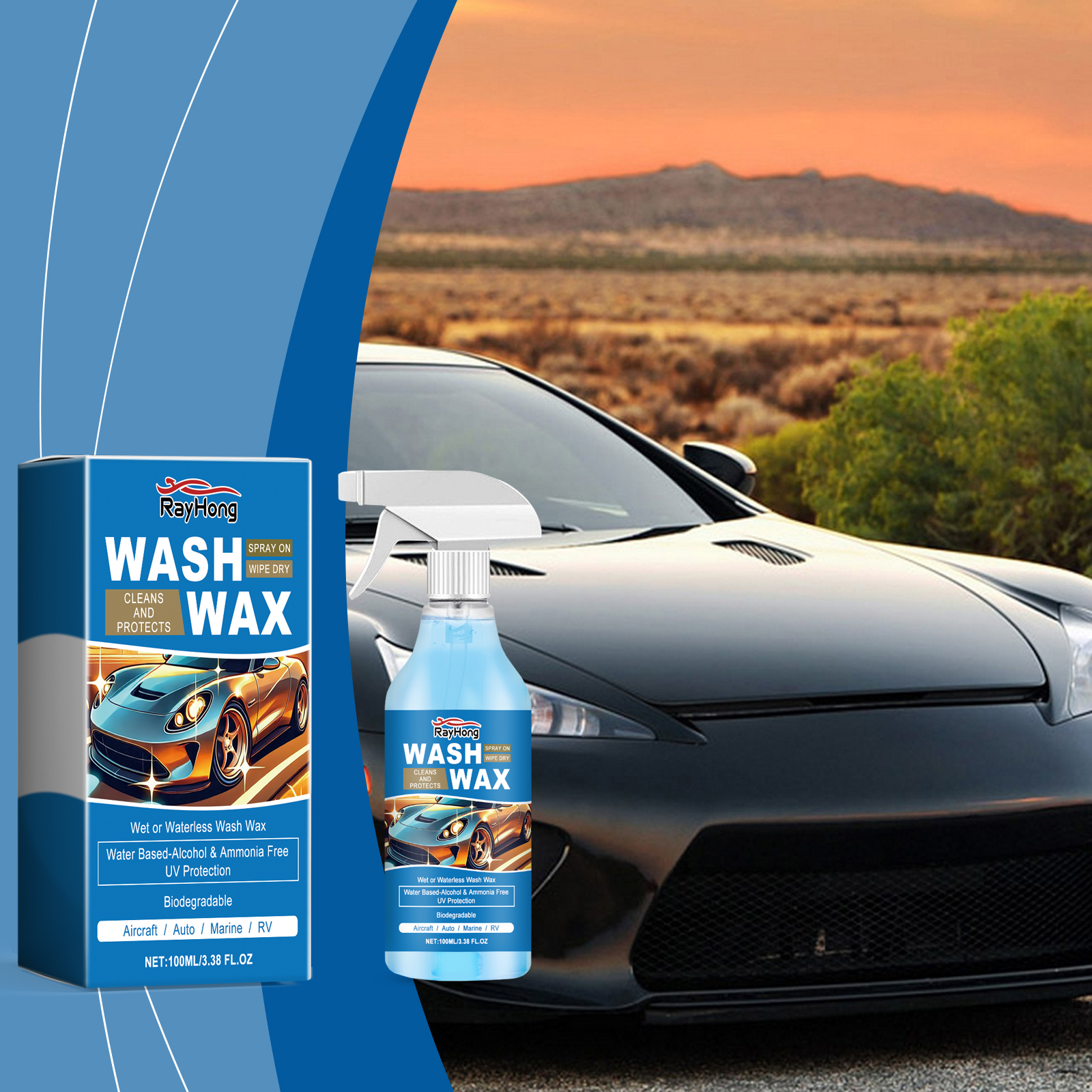 Wash wax bottle beside glossy vehicle finish