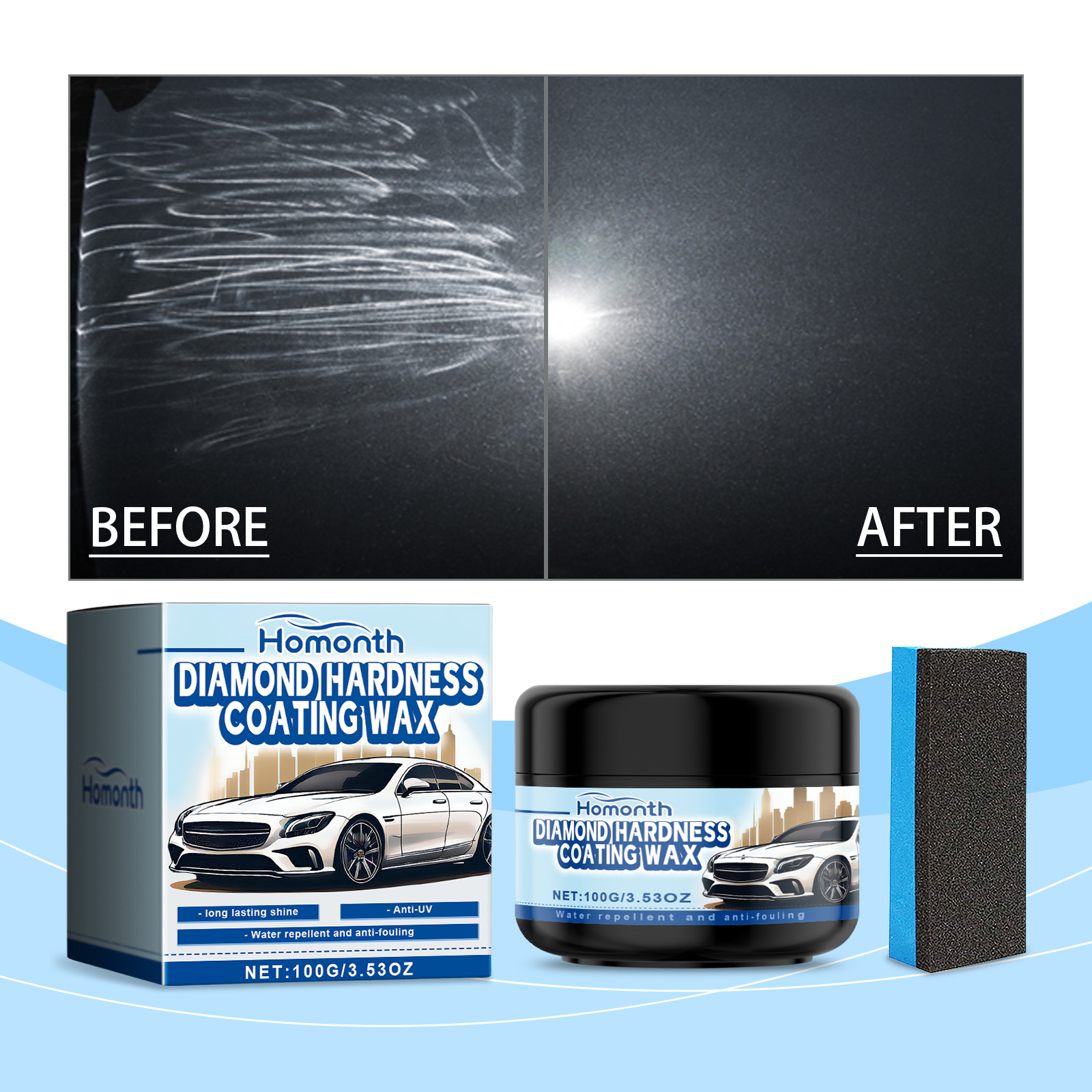 Before and after dark paint reflection comparison
