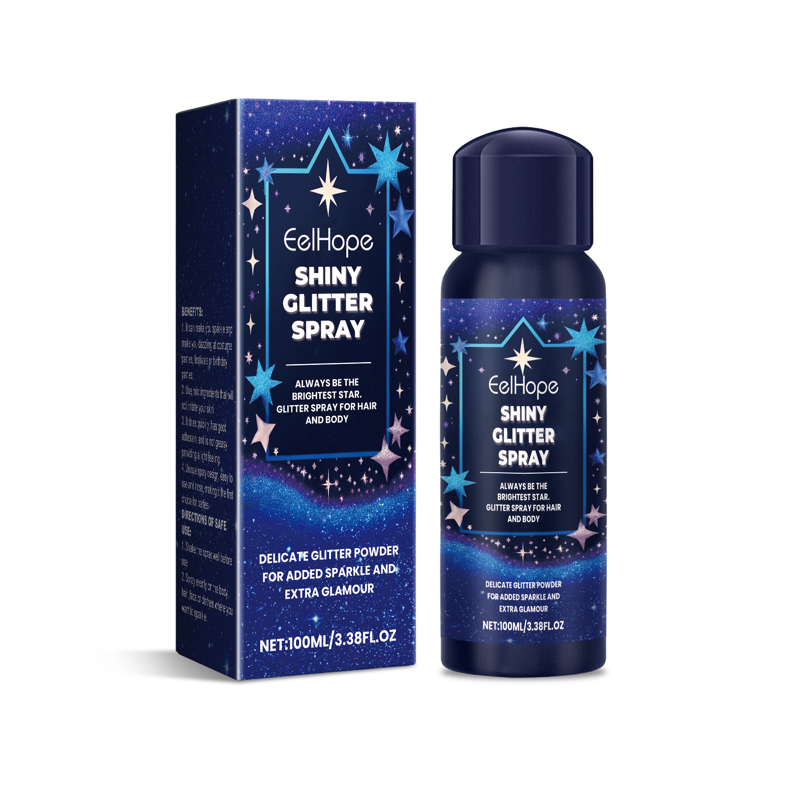 Glitter spray bottle and carton front view