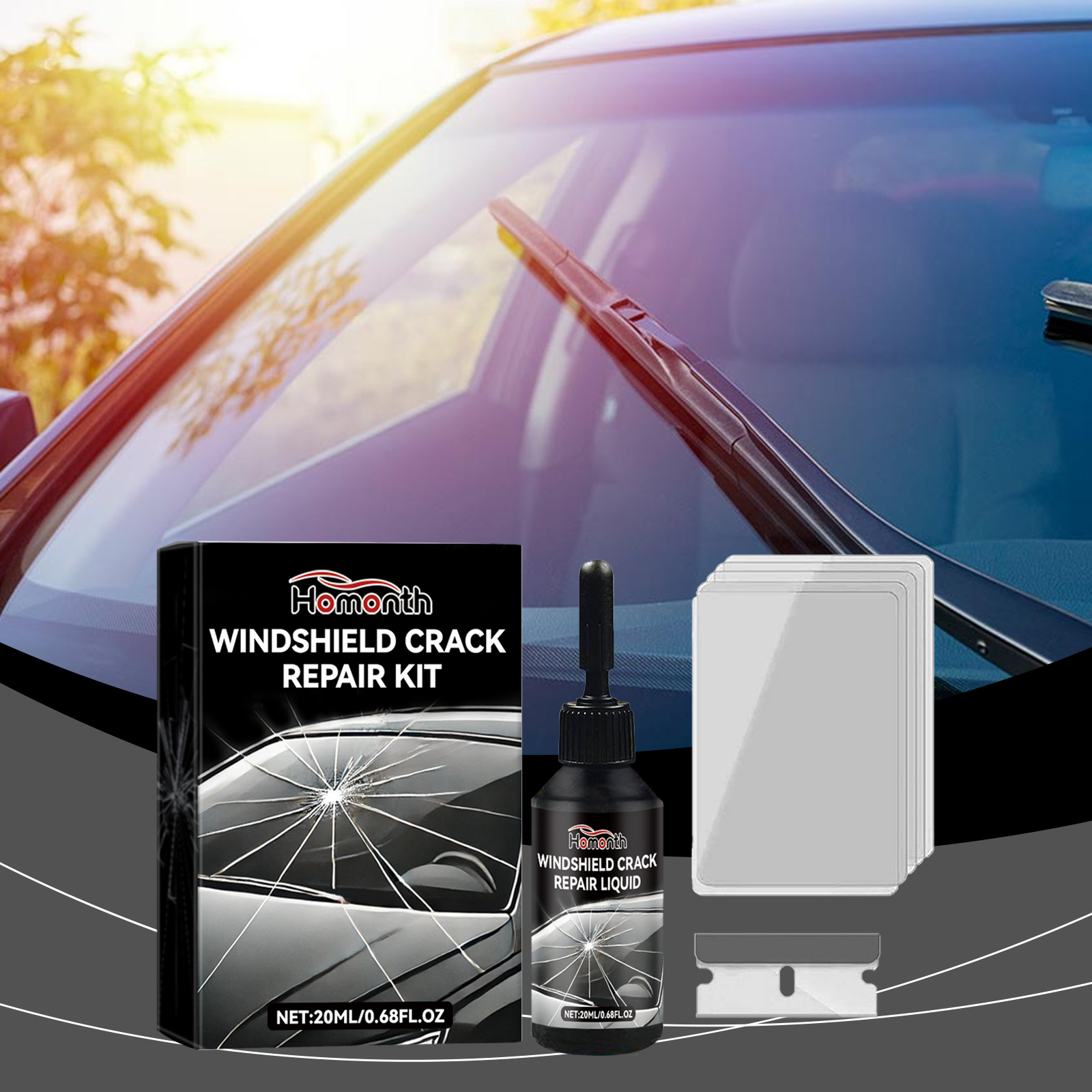 Windshield repair kit shown beside vehicle glass