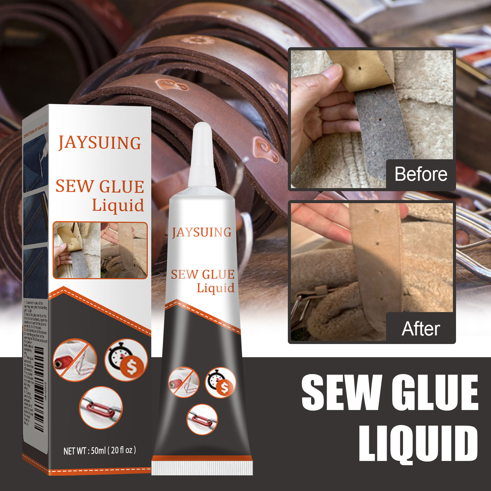 Fabric repair adhesive beside a visible before-after result