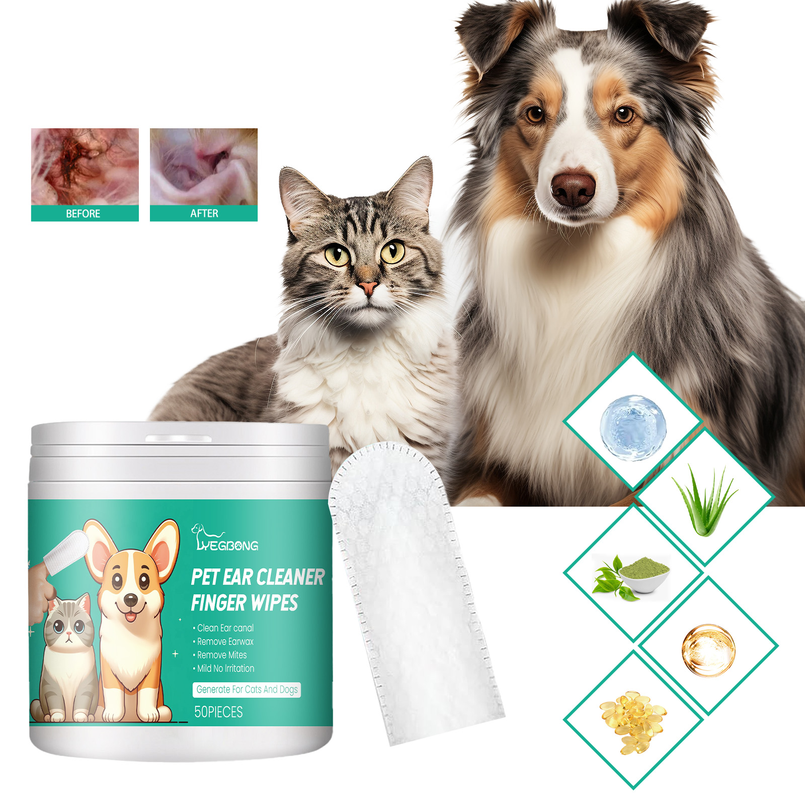 Textured white pet ear wipe shown with pets