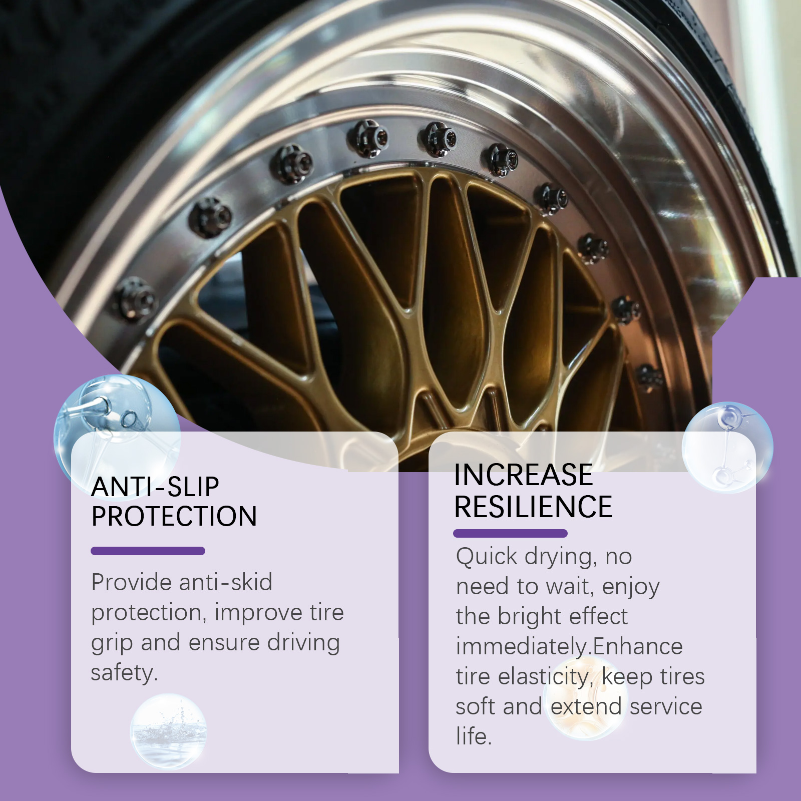Automotive tire polish bottle prepared for application