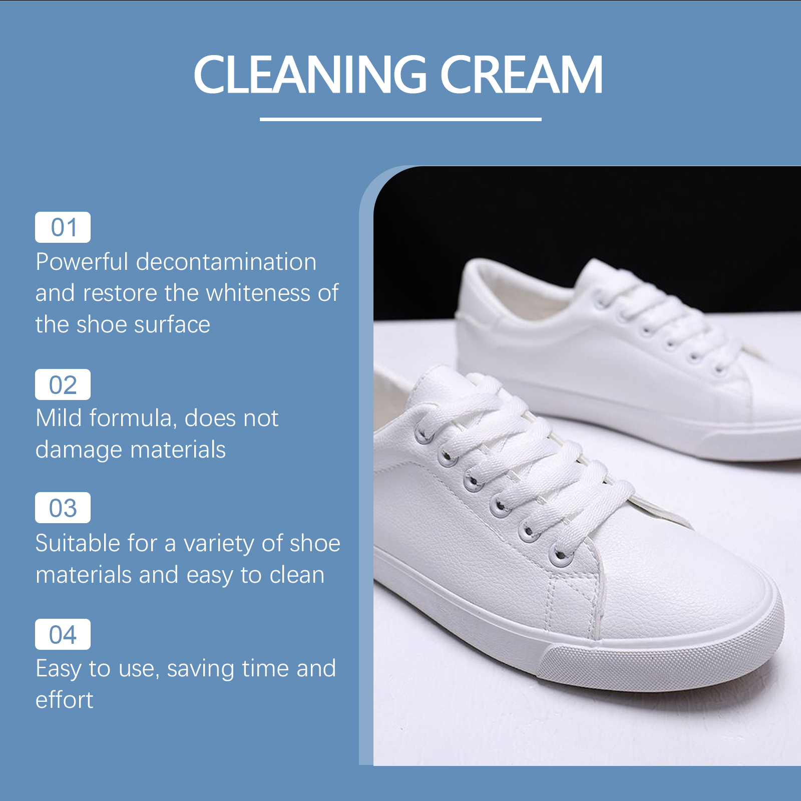 Compact shoe cleaning cream jar beside white sneakers