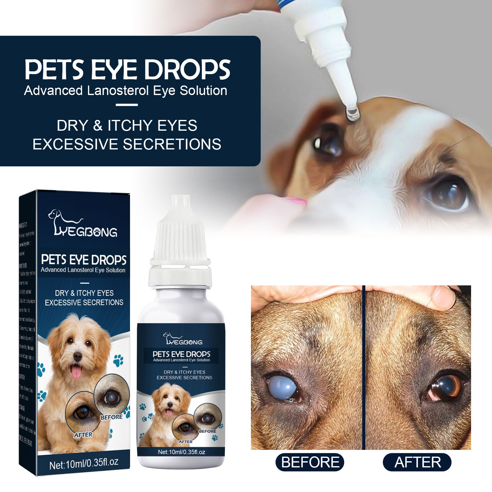 Hand using pet eye drop applicator near a dog eye