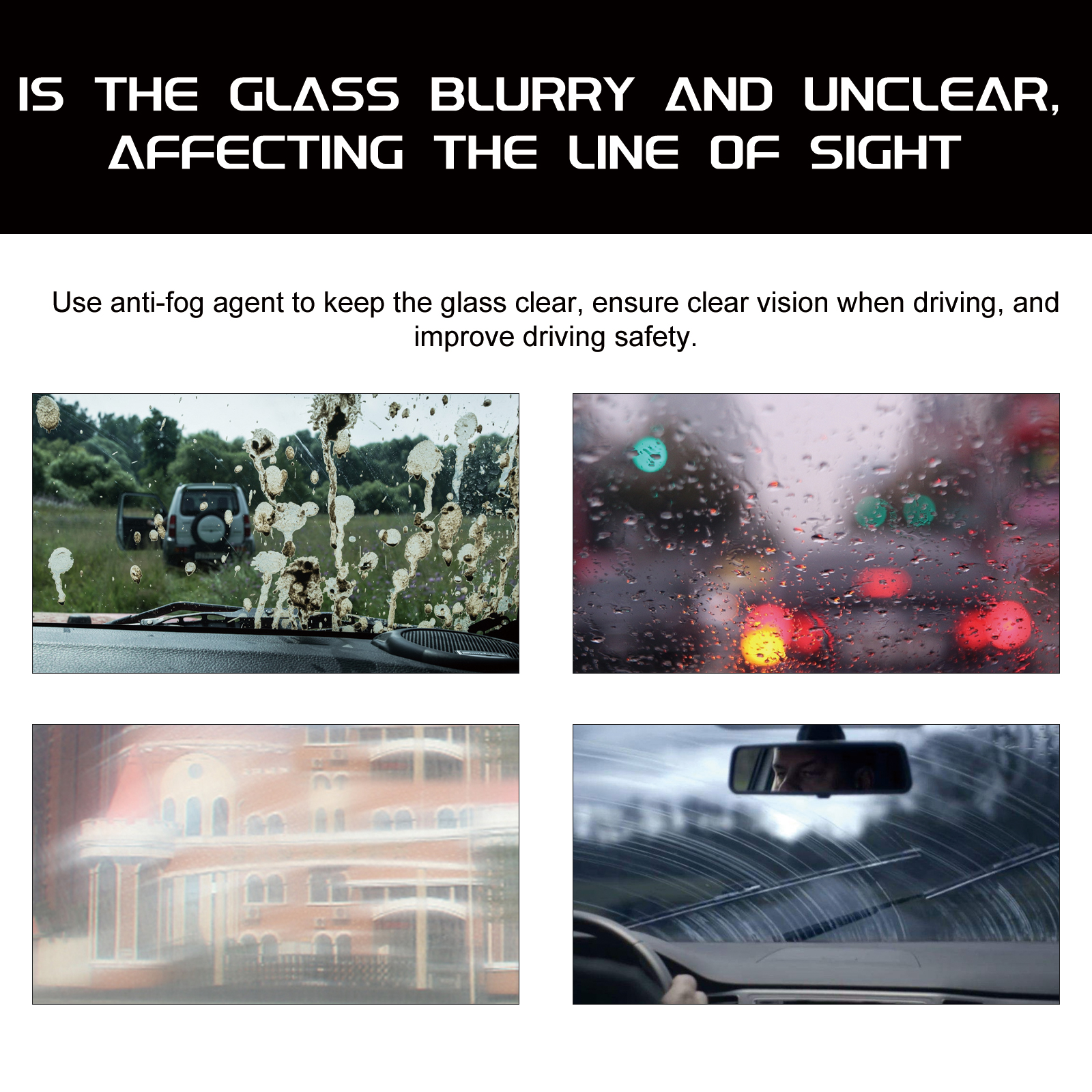 Graphic showing foggy wet and clearer windshield views