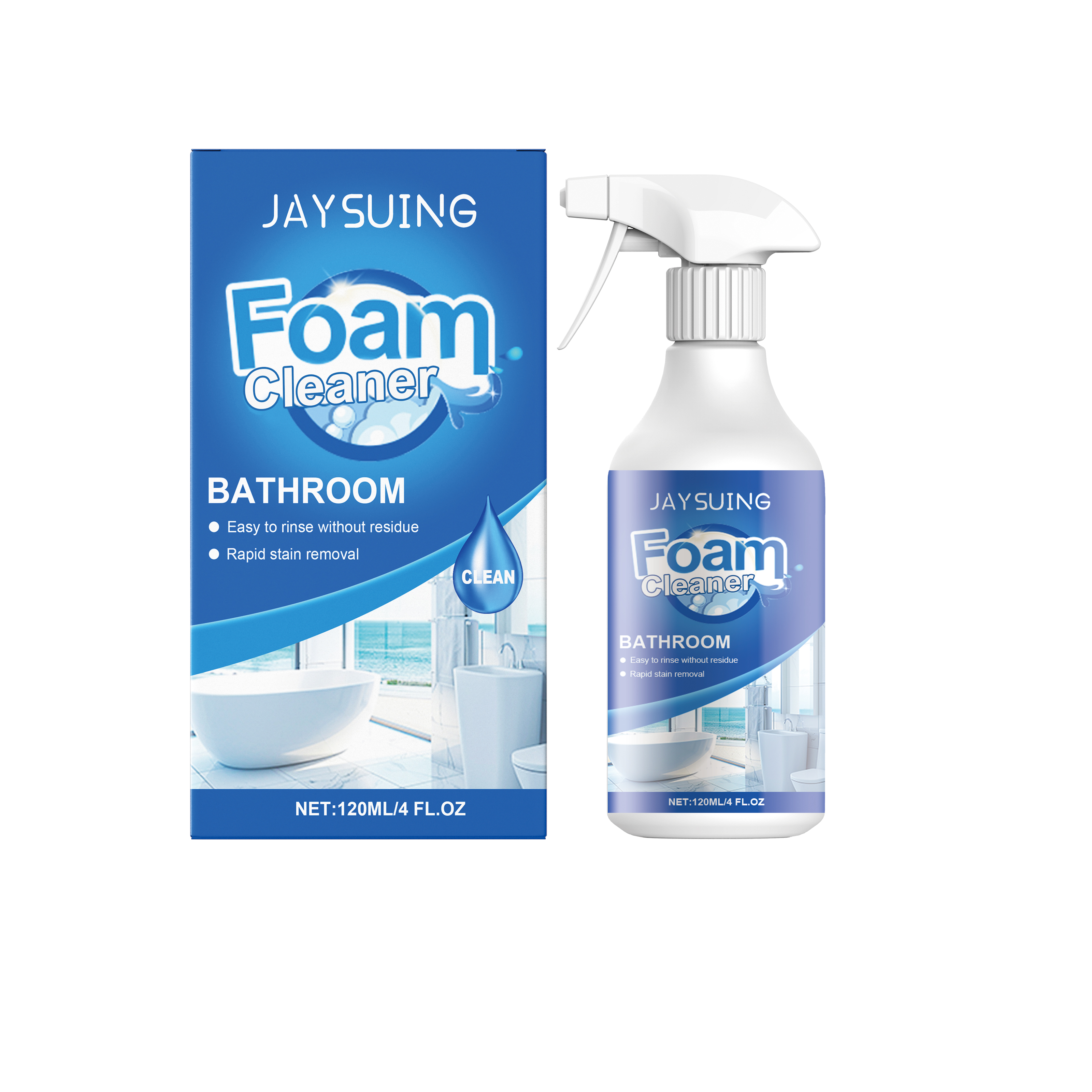 Packaged foam cleaner with blue lavender label