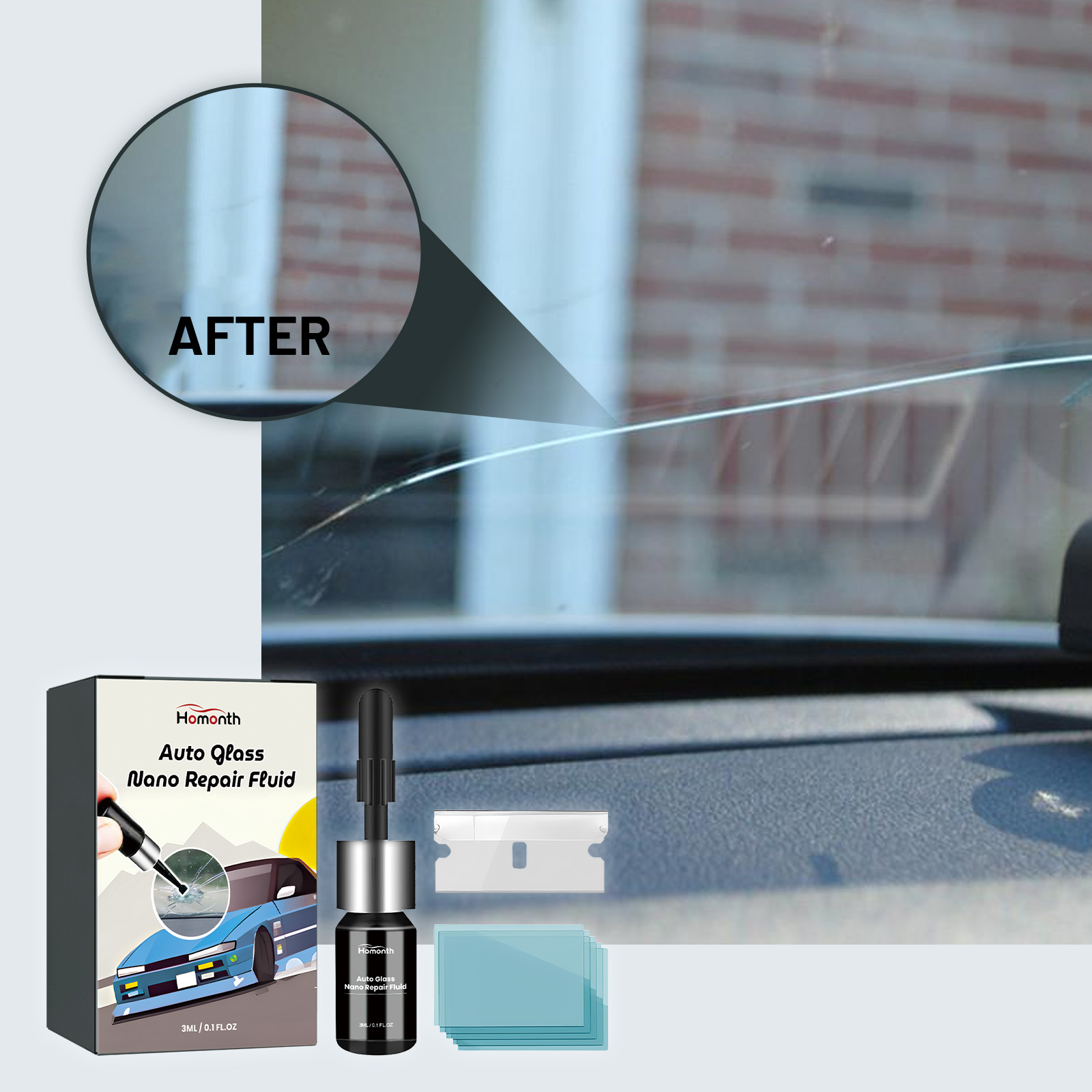 Compact repair kit stored beside a vehicle windshield