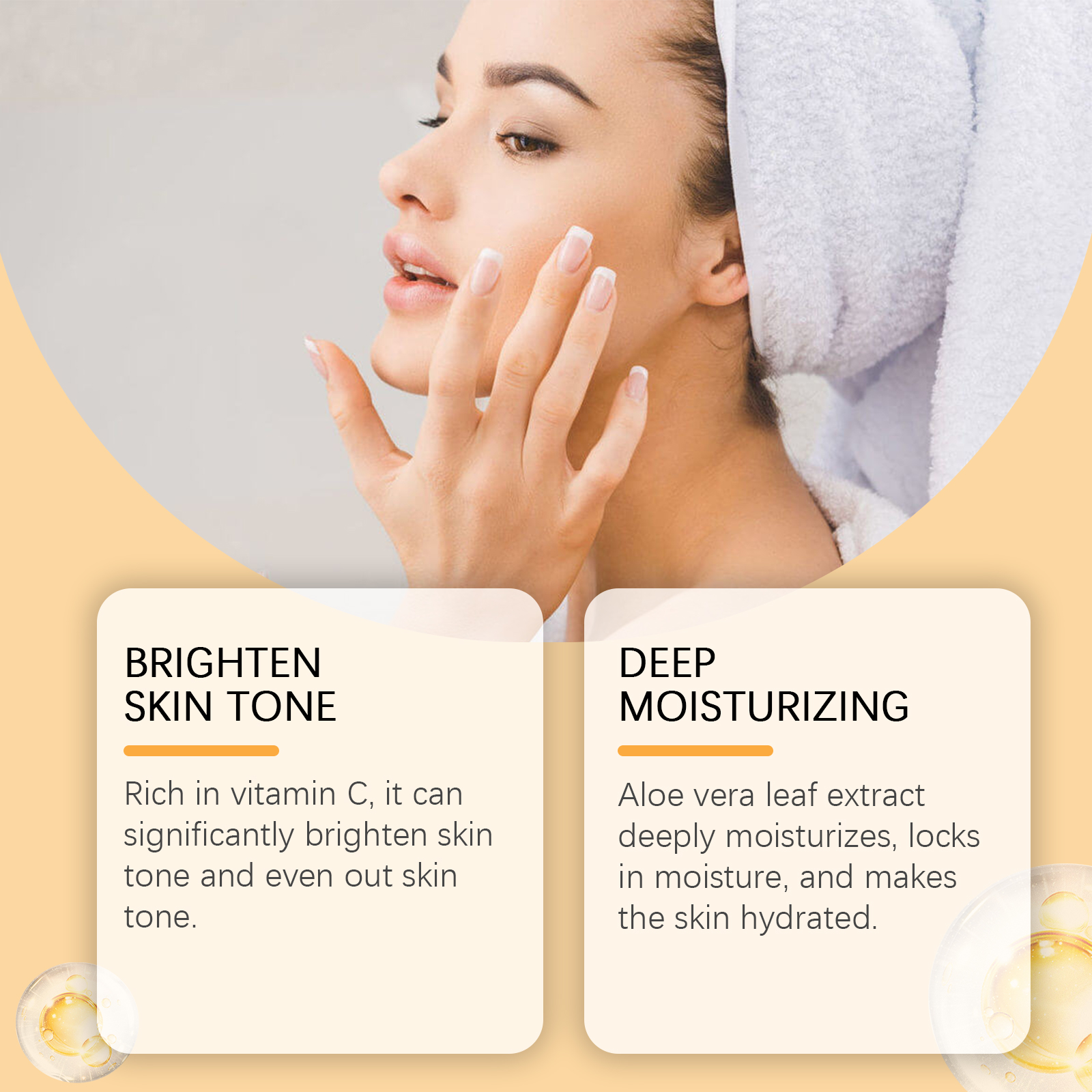 Woman applying gel beside brightening skin tone claim