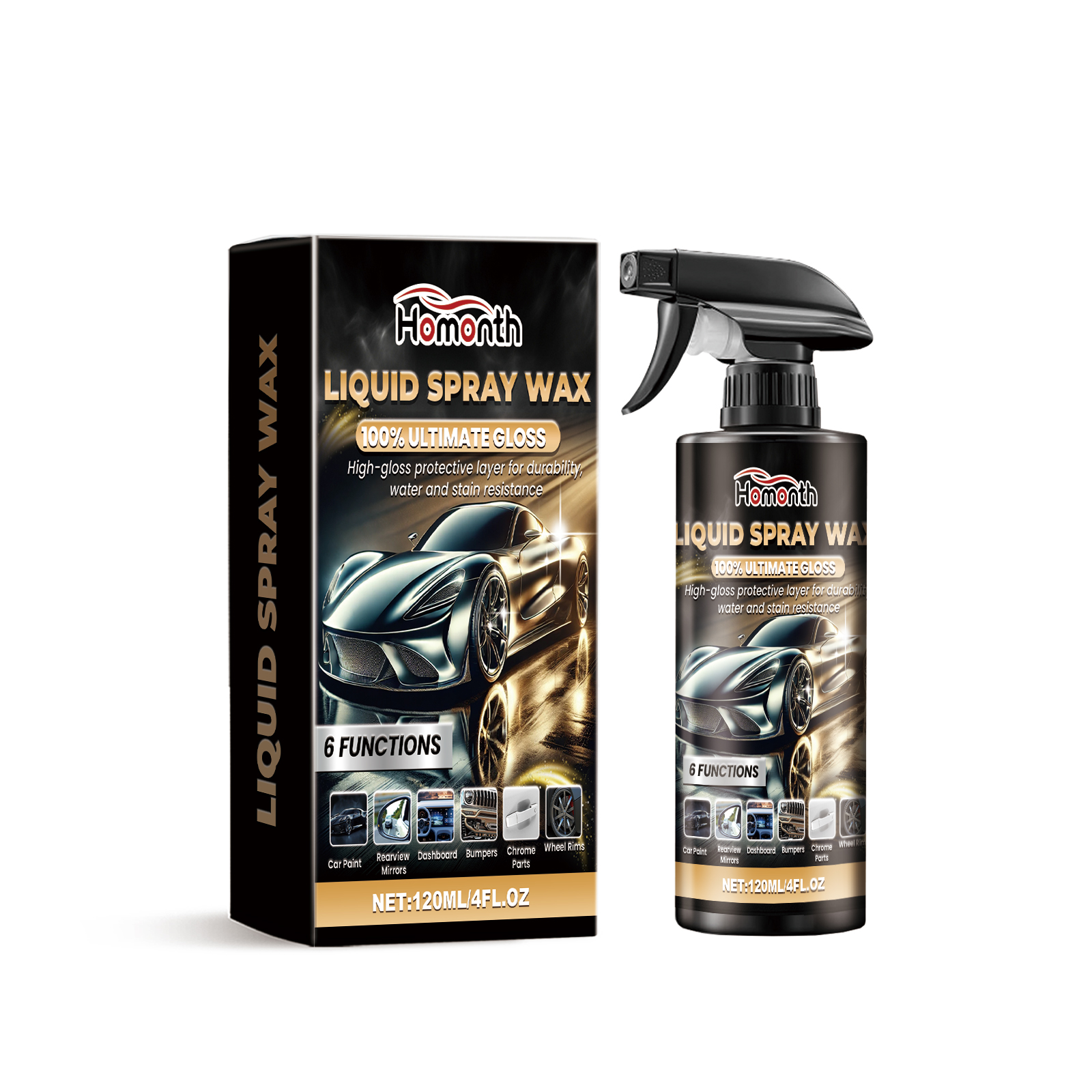 Black trigger spray bottle and gold automotive packaging