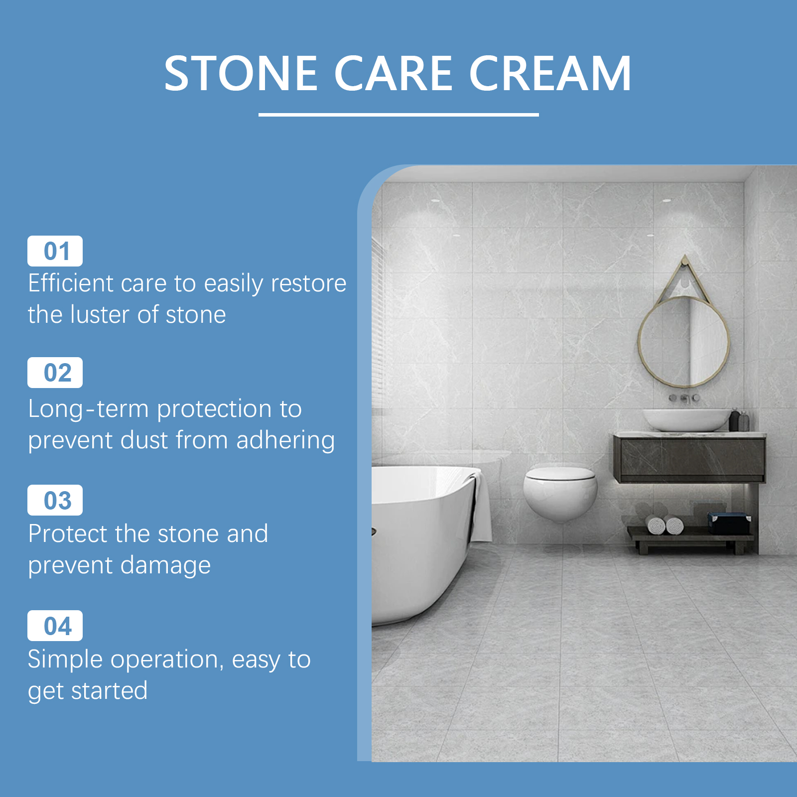 Stone care cream benefit graphic with bathroom setting