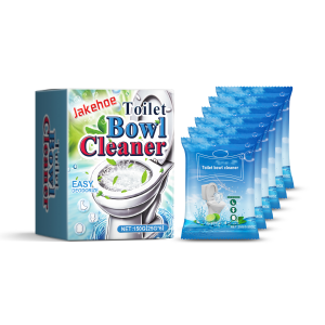 Individual blue toilet cleaner sachets beside carton
