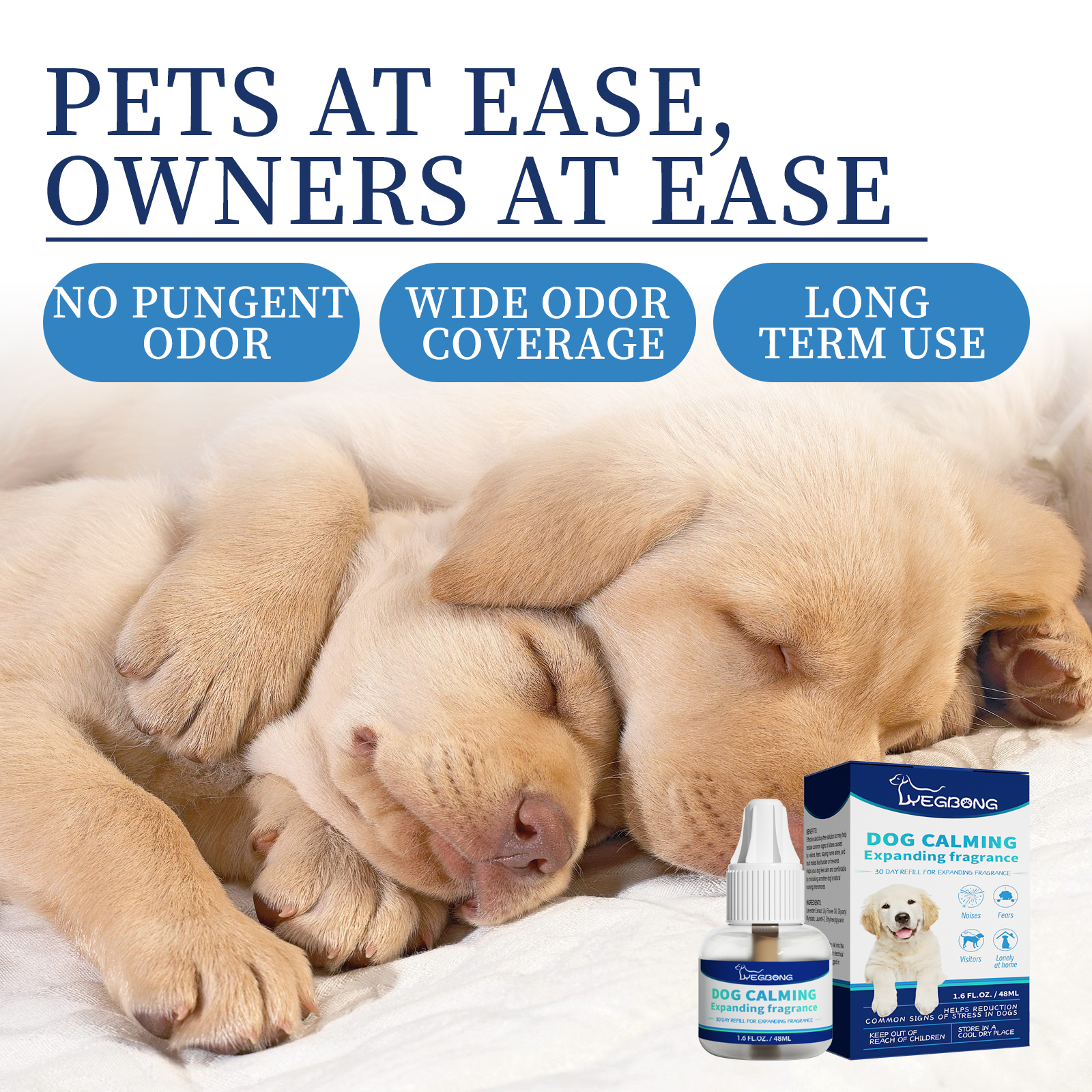 Resting puppies beside calming fragrance product