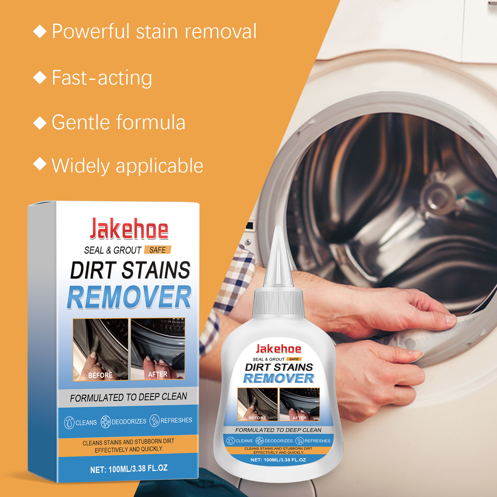 Stain remover bottle beside washing machine cleaning scene