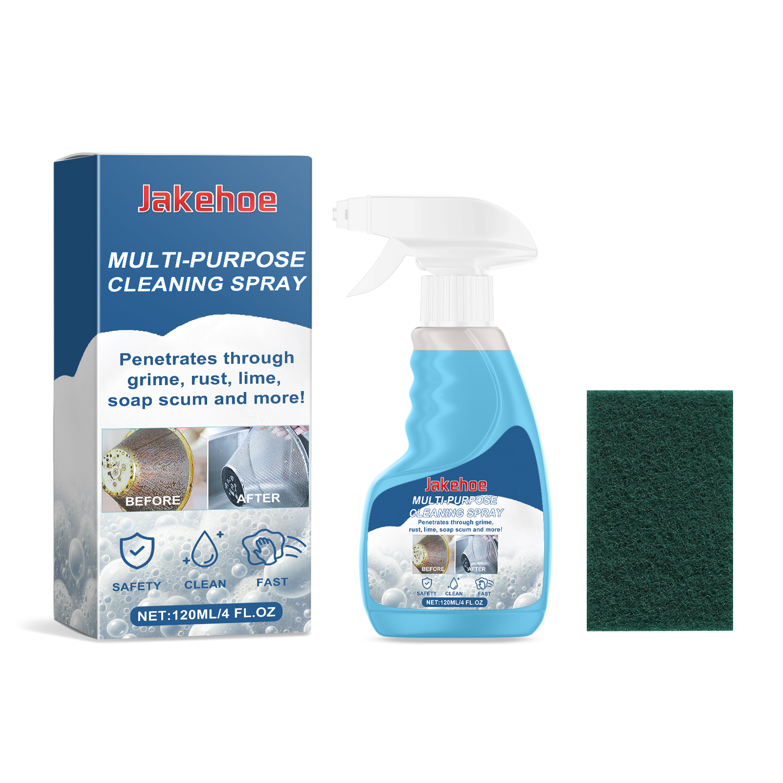 Cleaning spray, sponge, and retail box arranged together