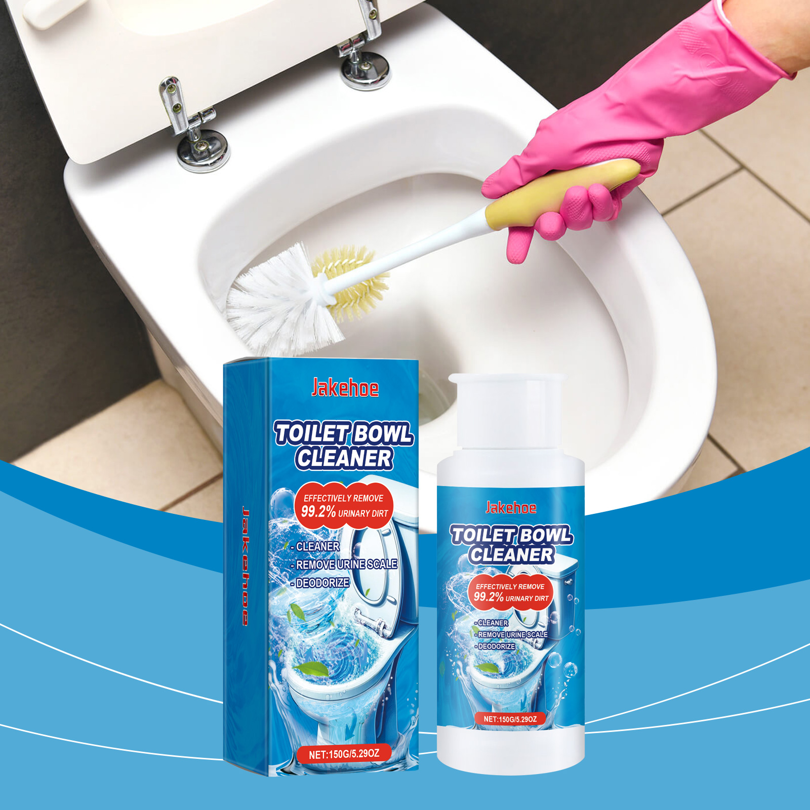 Gloved hand brushing bright white toilet bowl