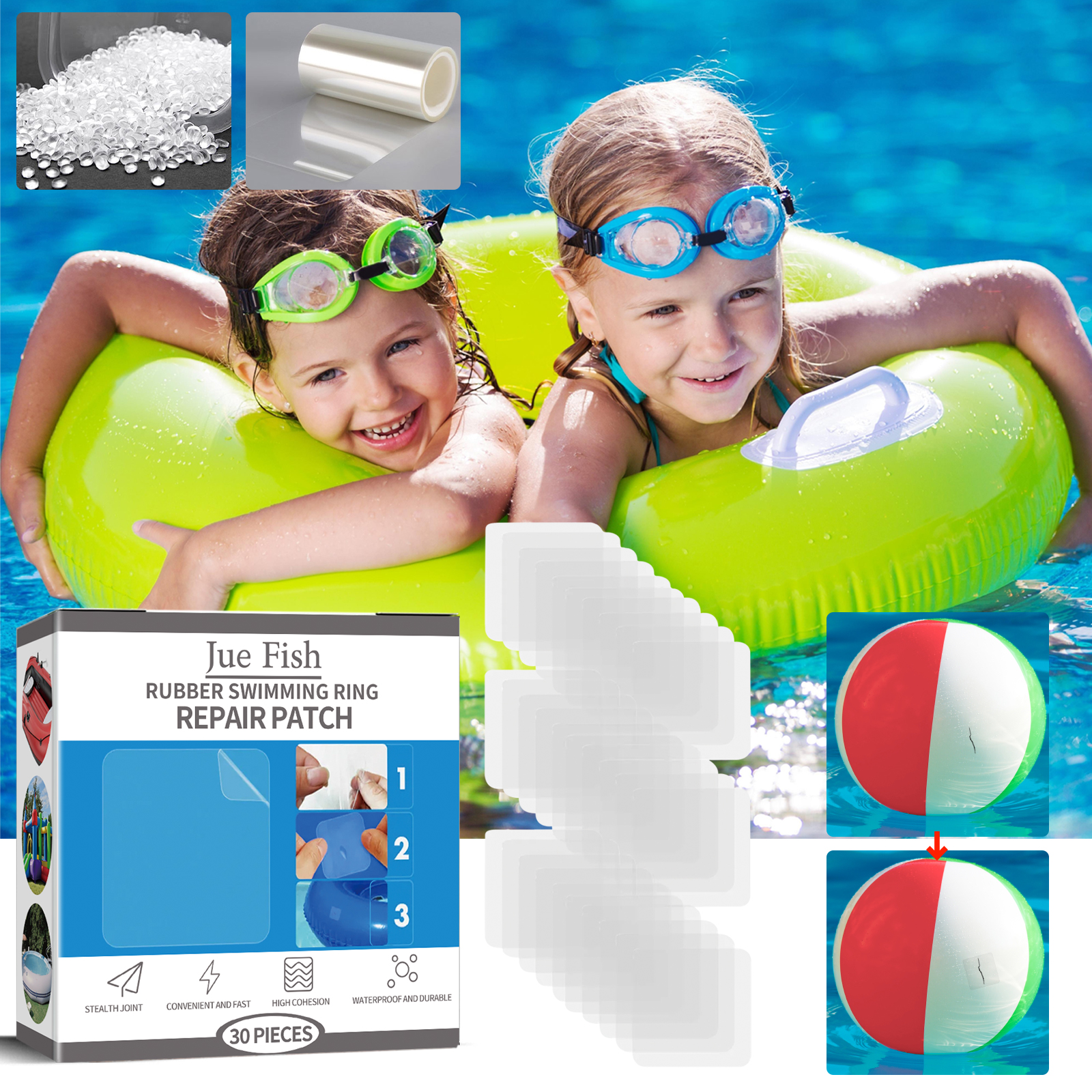 Swimming ring repair patches prepared for pool use