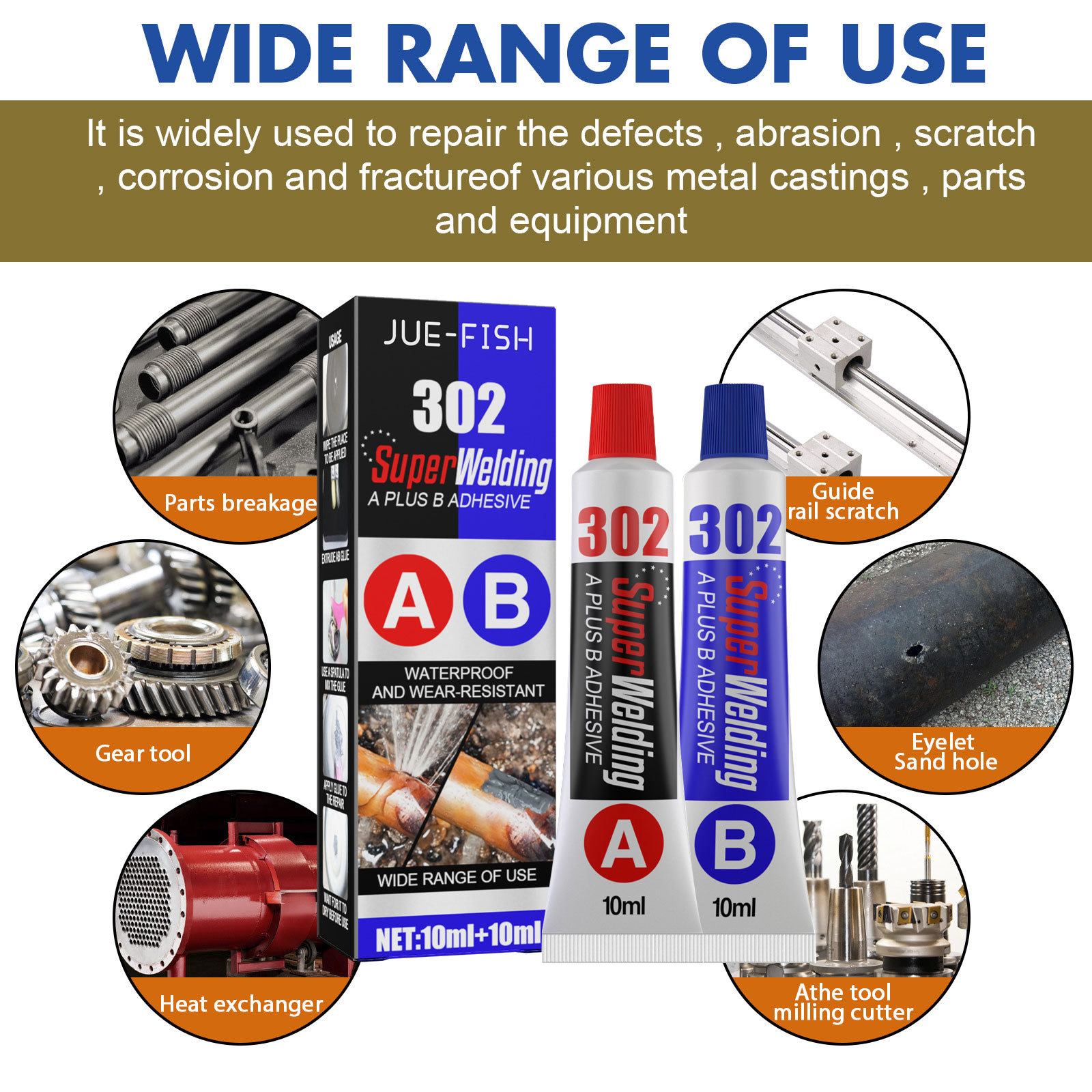 Adhesive set beside illustrated metal repair applications