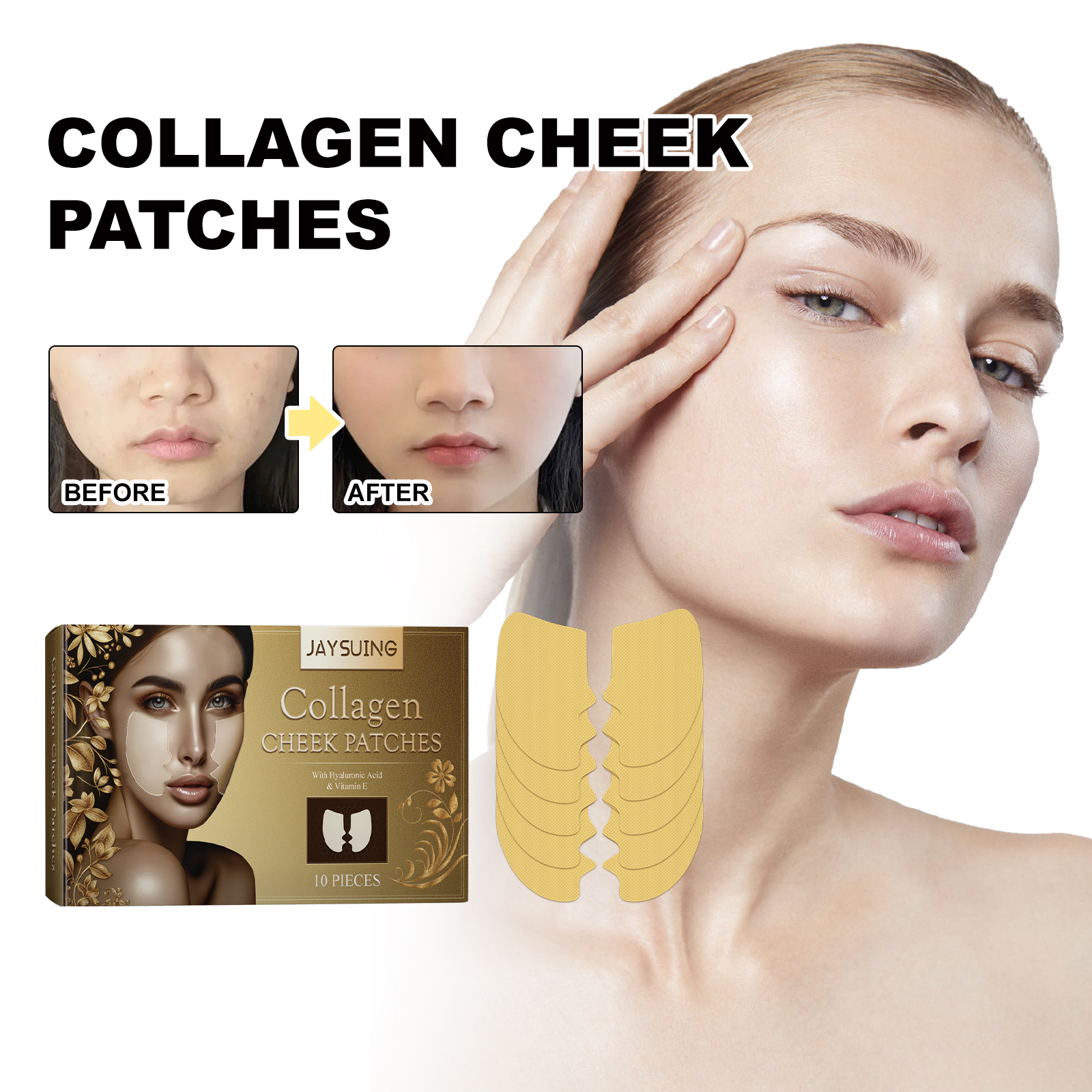 Woman wearing gold cheek patches during skincare treatment
