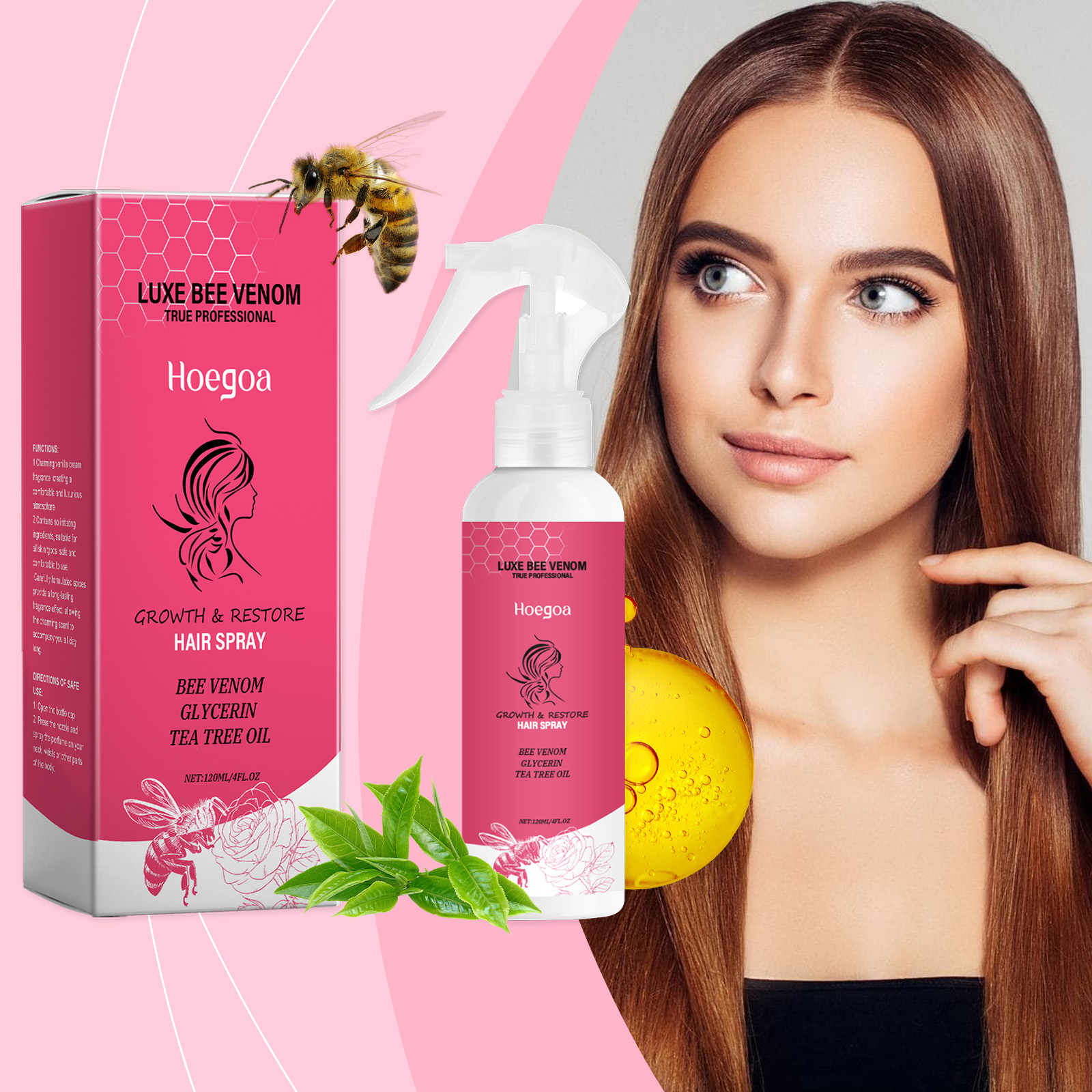 Hair spray beside rosemary and botanical ingredient imagery